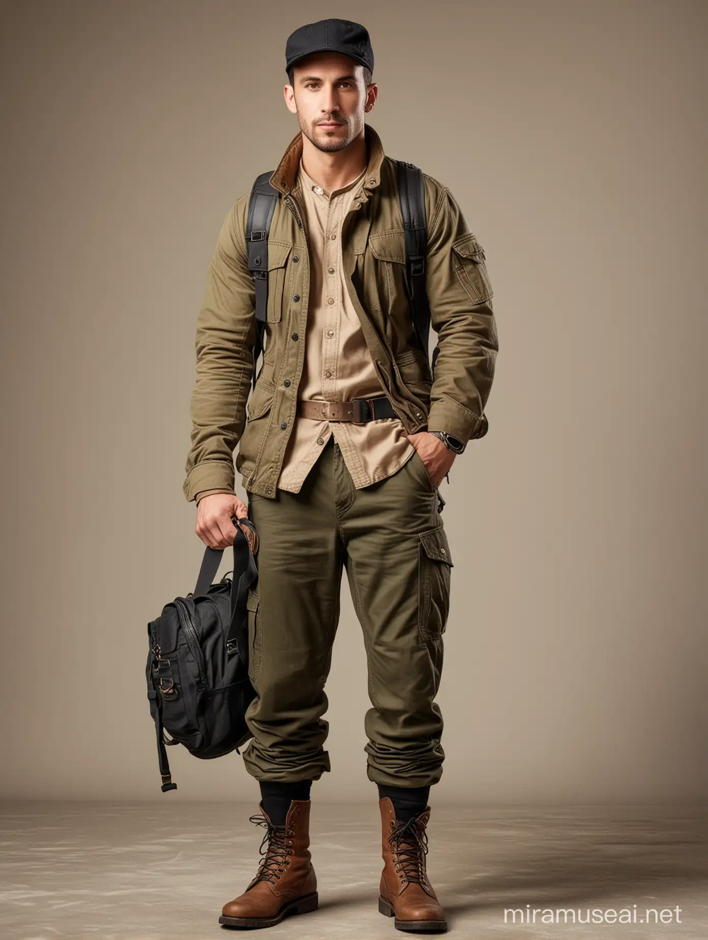 30 year old man, war, fit body, wear cOMBAT trousers and canvas military khaki jacket, brown leather combat boot, black baseball hat, backpack, full body, head to toe
