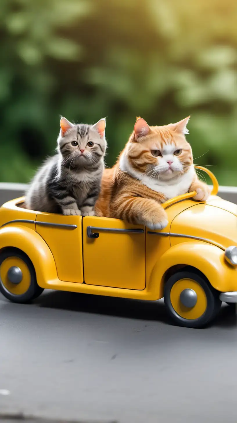Толстый рыжий кот и маленький серый котенок едут в машине желтого цвета