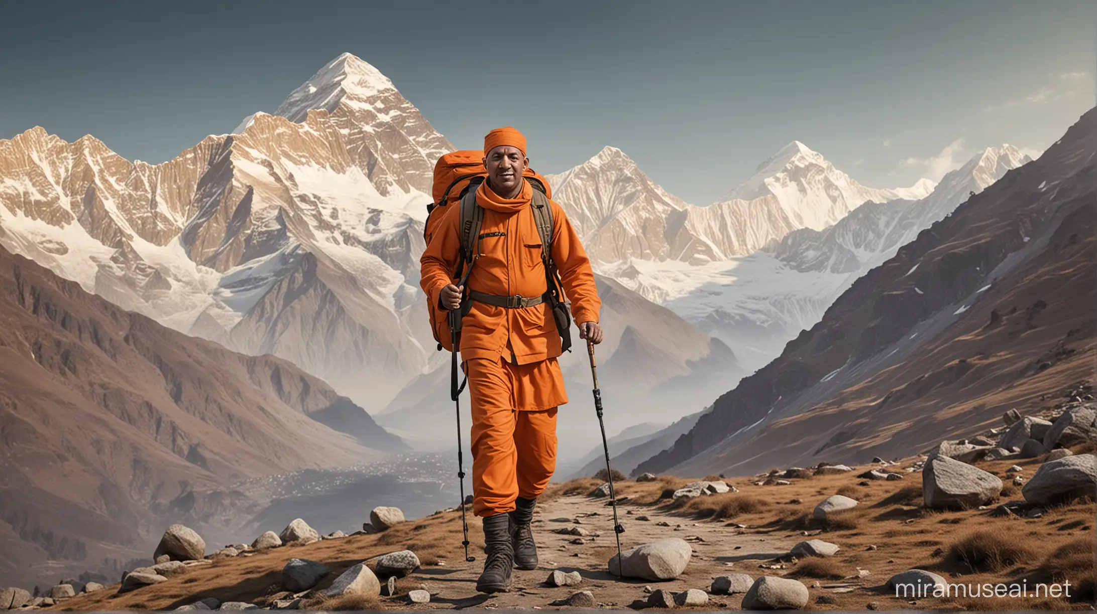 Create a realistic AI image of the uttar pradesh chief minister yogi adityanath going for trekking in the Himalayas. Show the yogi adityanath dressed in trekking attire, wearing a orange backpack and carrying a trekking pole. Include a orange water bottle hanging from the backpack, indicating preparedness for the trek. Capture the majestic Himalayan landscape in the background, emphasizing the adventurous spirit and love for nature