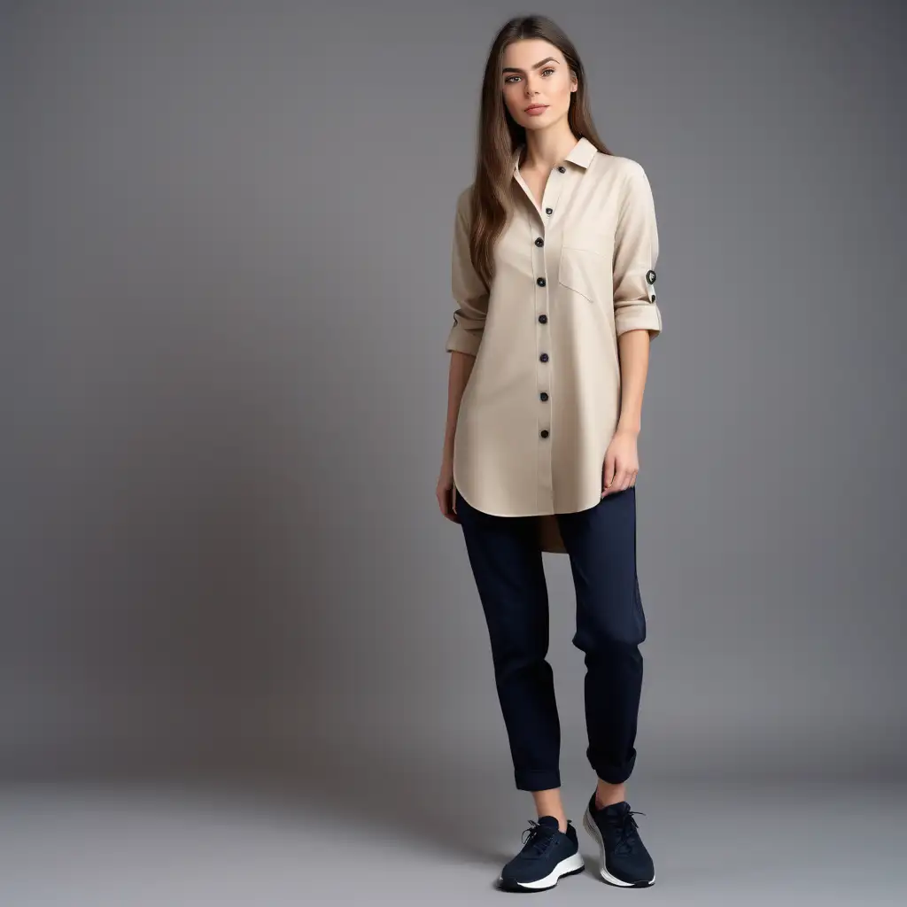 woman wear beige tunic shirt, 7 button, navy throusers black sport shoes, full body, 35 mm photography, fashion, modern design, gray background