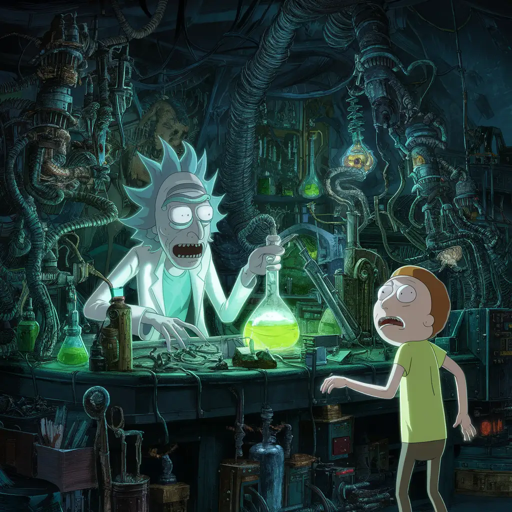 Rick and Morty are in a chaotic lab, filled with various devices, bottles of unknown liquids, and heaps of massive equipment.
Rick, focused and gloomy, is seated at a large work desk. He is in the middle of an explosive experiment, and his ominous face, illuminated by a soft, green light from a flask in front of him, hints that this experiment could be something dangerous or forbidden. His gaze has a hint of madness that attracts and scares at the same time.
Off to the side, Morty is watching Rick with a frightened and scared expression on his face. His eyes are wide with horror and excitement, and his hands are down his sides, in confusion and bewilderment. The stark contrast between his naive frightened face and Rick's ominous face creates a tense yet funny atmosphere.
The laboratory and its layout should be filled with details, each helping to tell the story - from scattered chemical instruments to unusual portraits on the walls, each attribute gives this scene even more character.