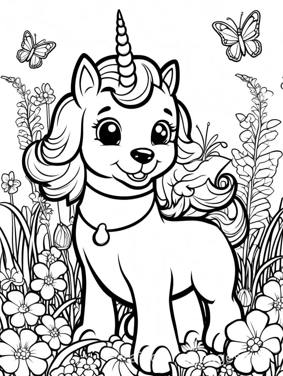 a happy puppy-unicorn in the garden with a butterfly, Coloring Page, black and white, line art, white background, Simplicity, Ample White Space. The background of the coloring page is plain white to make it easy for young children to color within the lines. The outlines of all the subjects are easy to distinguish, making it simple for kids to color without too much difficulty
