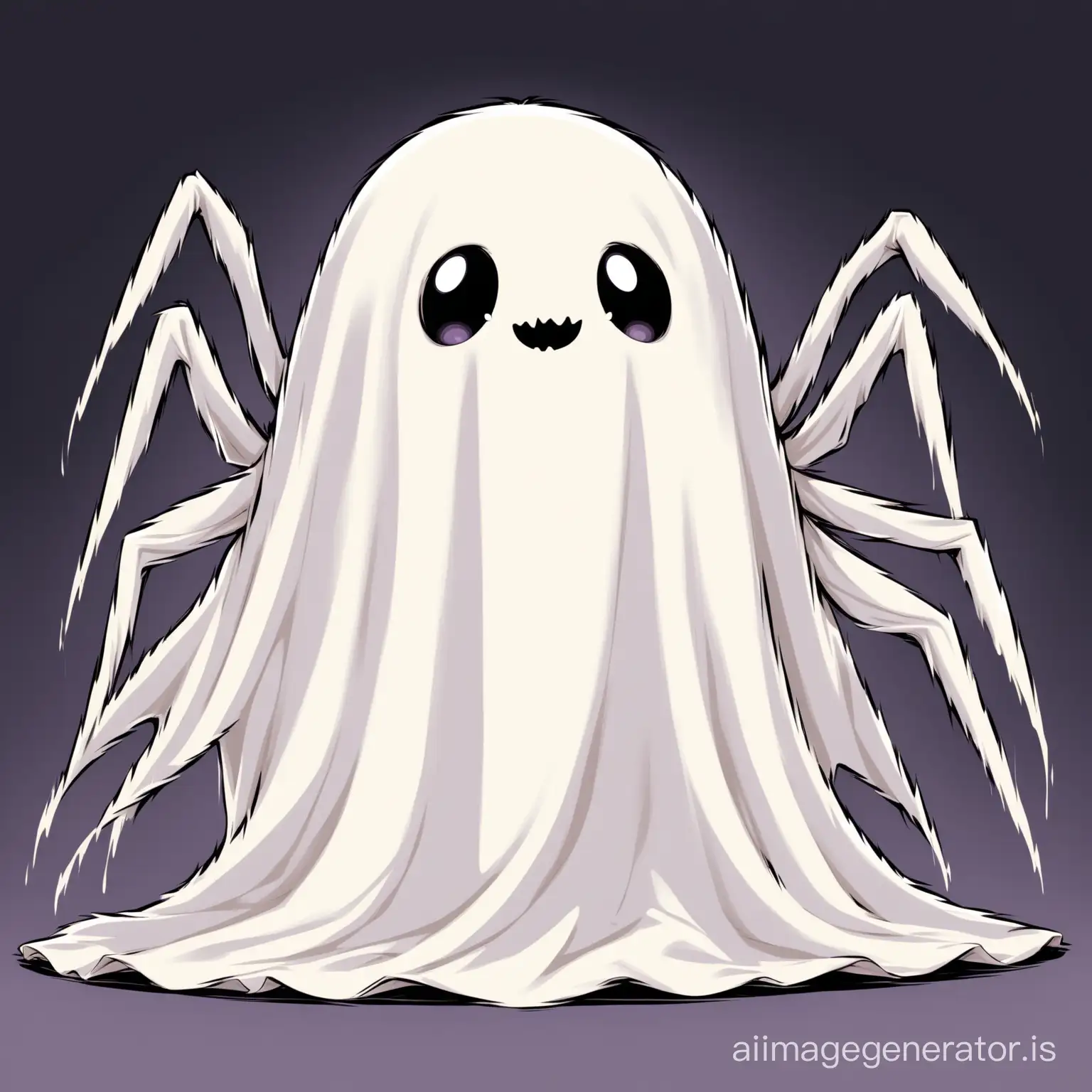 A cute spider with 8 legs wearing a bed sheet as a ghost Halloween costume