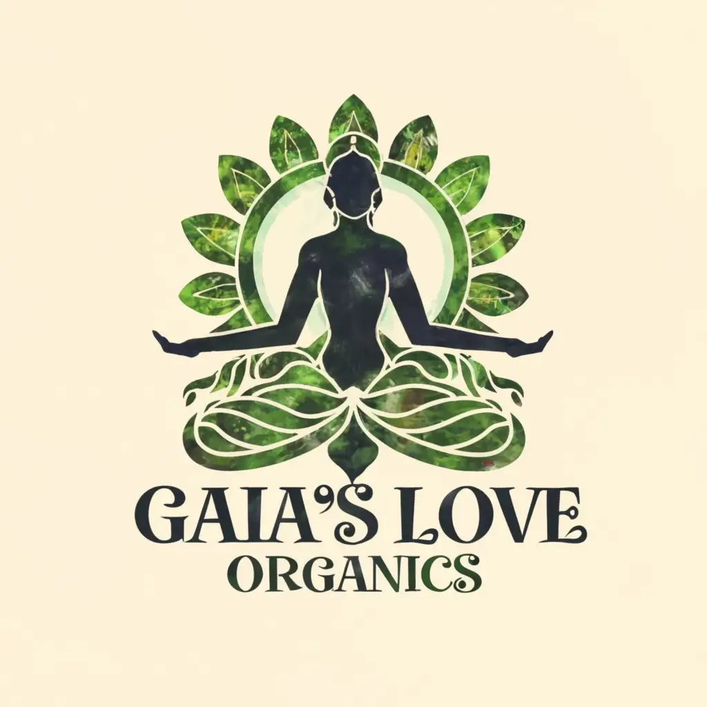 Logo-Design-For-Gaias-Love-Organics-Mother-Gaia-Meditating-with-Emerald-Green-Heart-on-Chakra-Color-Background