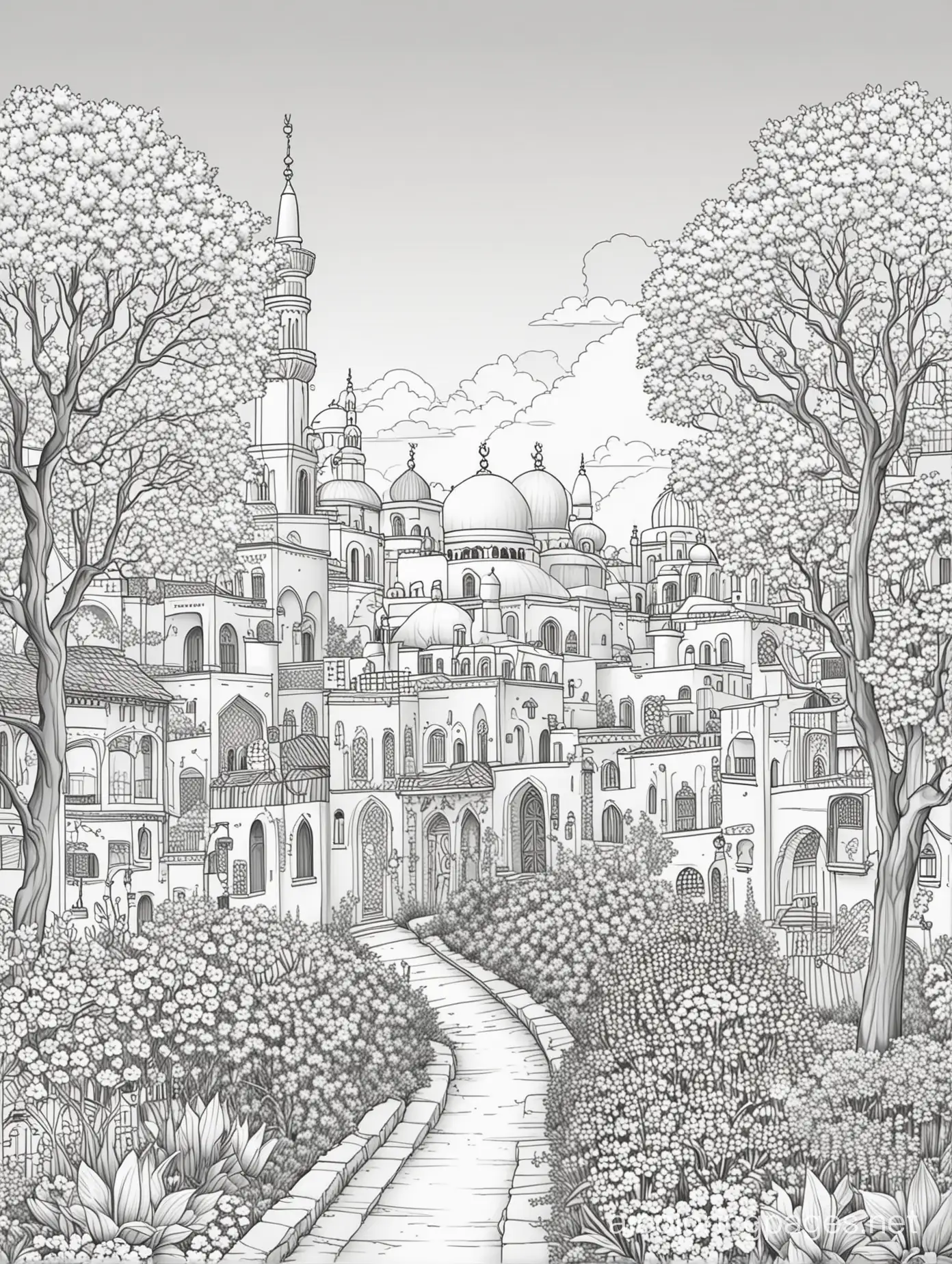 Beautiful town with houses, mosque, trees and flowers, Coloring Page, black and white, line art, white background, Simplicity, Ample White Space. The background of the coloring page is plain white to make it easy for young children to color within the lines. The outlines of all the subjects are easy to distinguish, making it simple for kids to color without too much difficulty
