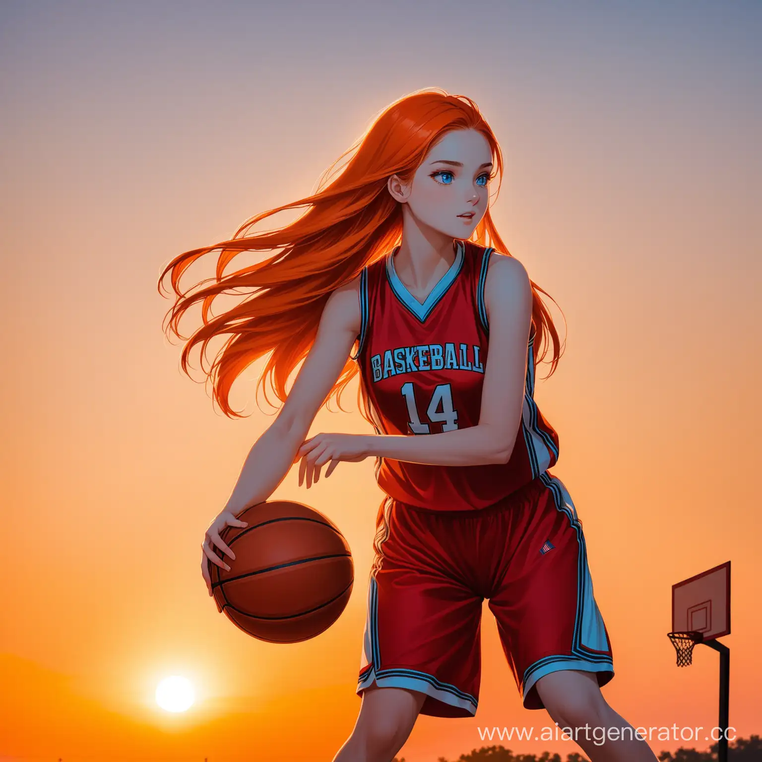 Girl with long orange hair and blue eyes in red basketball uniform at sunset playing basketball