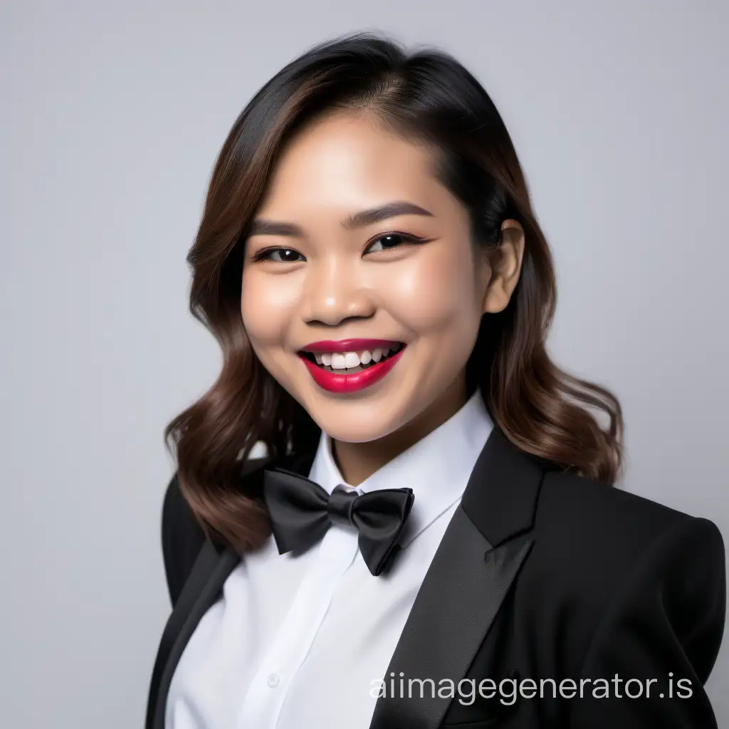 smiling and laughing filipino woman with shoulder length hair and lipstick wearing a black tuxedo with black sleeves, wearing a white shirt, wearing a black bow tie