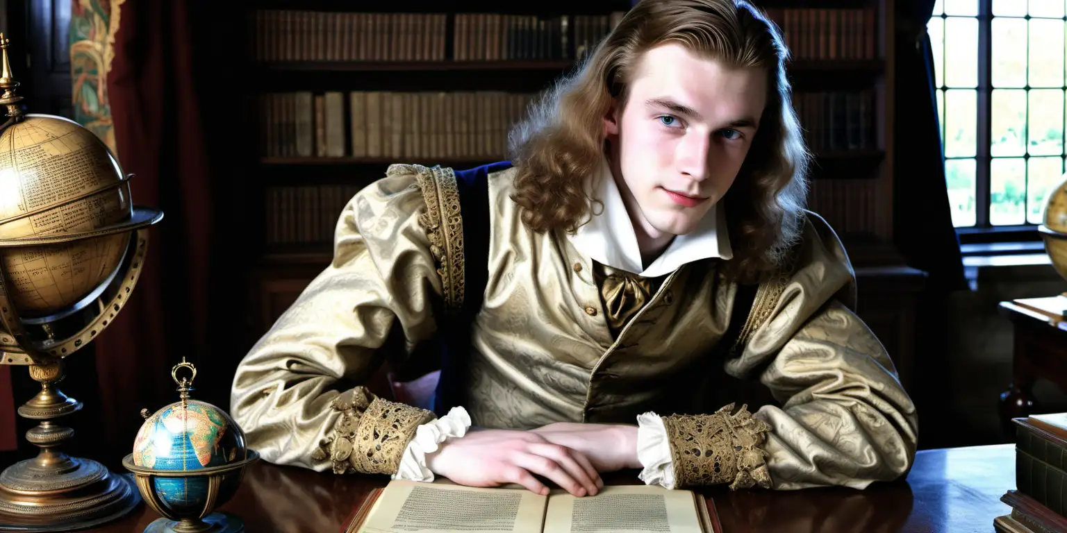 A color photo of an attractive 20-year-old Henry Wriothesley, Third Earl of Southampton, sat at his desk smirking, his feet resting on the desk and his hands behind his head. ,  Around him, an intricate library, at 16th century mechanical clock, an antique globe. Out of the window, a palatial garden.