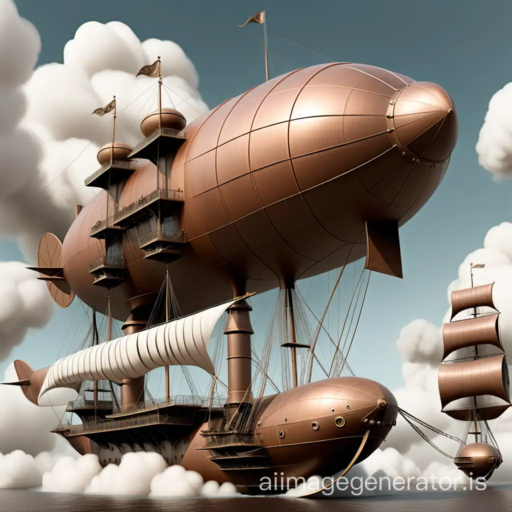 a bronze-colored airship with steam engines and masts with sails in the sky