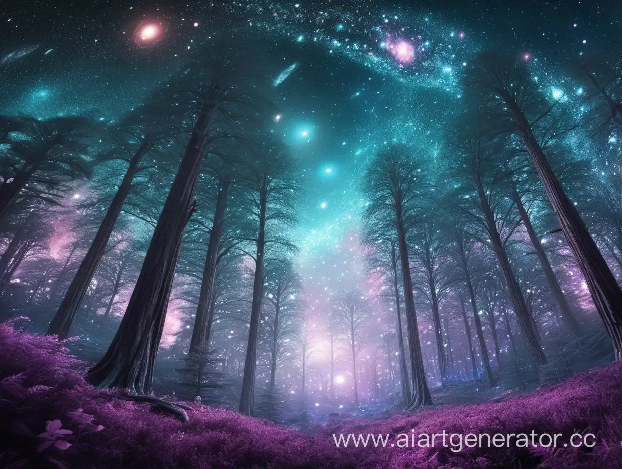 Enchanting-Cosmic-Forest-Landscape-with-Celestial-Flora-and-Fauna