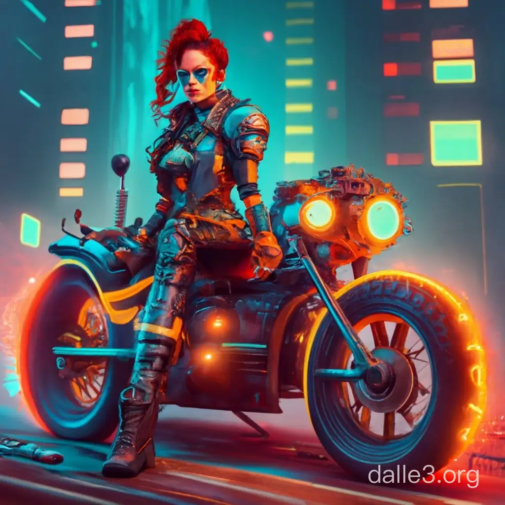 glowing red hair female warrior wearing a cyber punk and steam punk outfit. Sitting on a custom cyber punk and steam punk hybrid motorcycle. 