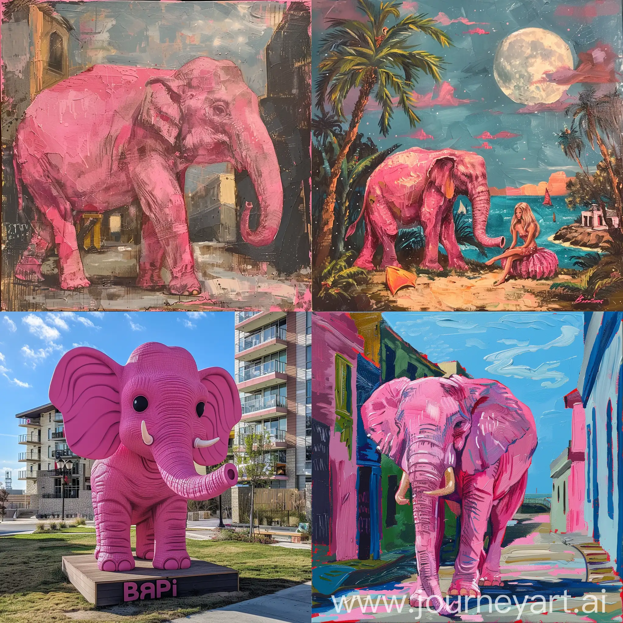 Whimsical-Encounter-Pink-Elephant-Strolling-with-Barbie-in-Vibrant-Townscape