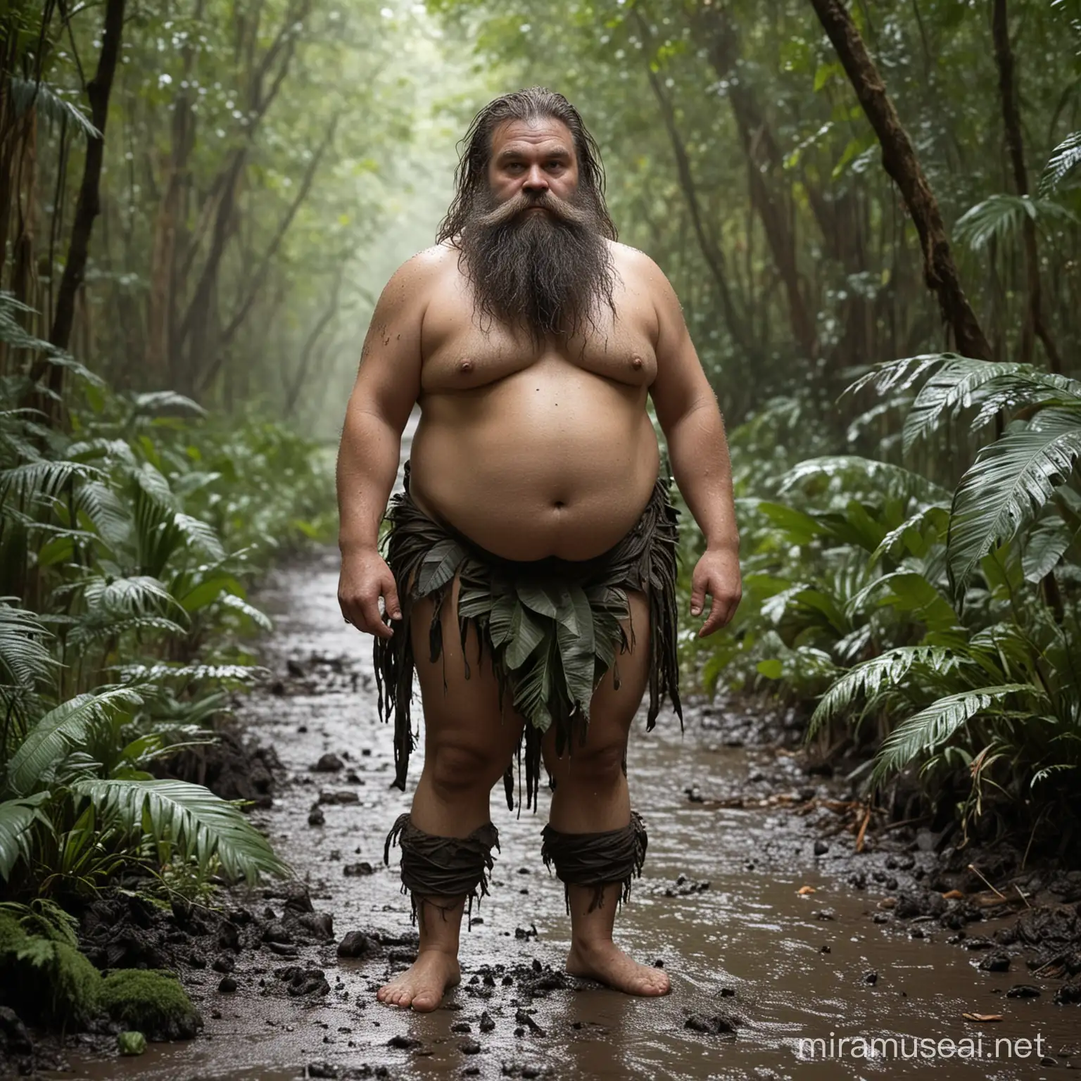 Dwarf, in the forest, on a rainy day, barefoot, wearing a loincloth made of leaves, big feet, big palms,dumpy,chubby, thicken hair, rough skin, black mud everywhere, primitive,