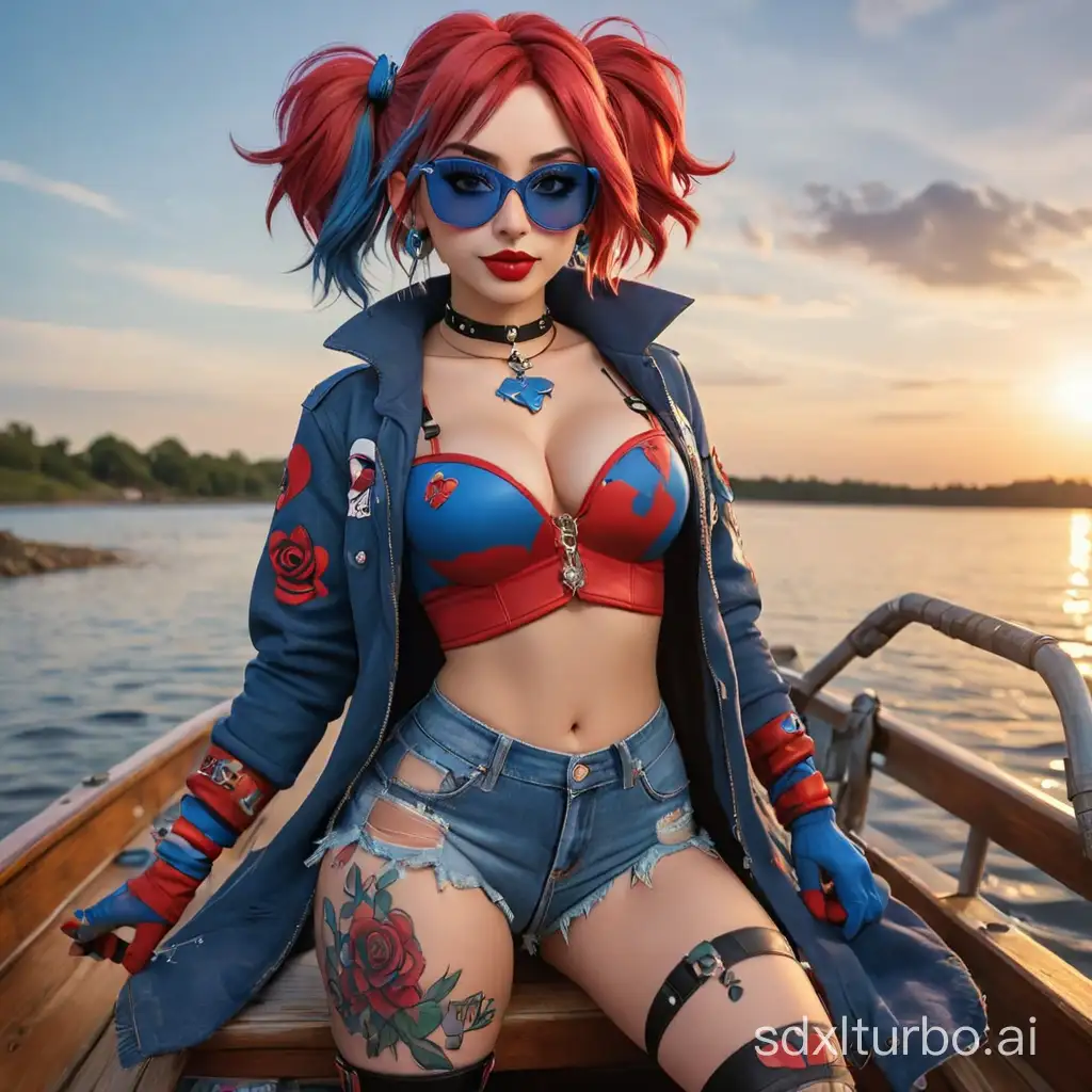 Busty gyaru Harley Quinn,bodysuit with a deep neckline,mini underboob jacket,choker with a blue rose,asymmetrical bob with three shaved stripes on the left,red hair with blue streaks,blue mittens,heart-shaped sunglasses,a lot of piercings,a lot of tattoos,bright gothic makeup,torn denim shorts,elbow and knee pads,beads with a cross,bracelets,long false nails of blue color,sitting on a boat floating on the river,exotic sunset,the wind blows his hair to the side,style raw,perfect body,different angle.