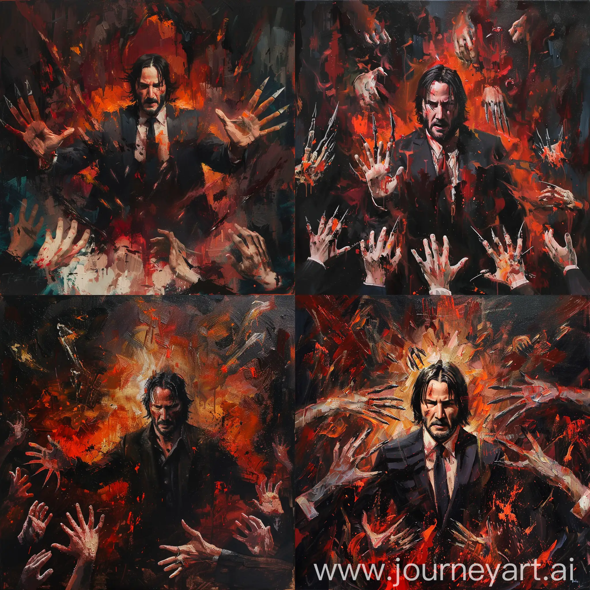 oil painting draw inspiration from the intense and dramatic elements of the original artwork. Focus on depicting a central figure which is john wick in a moment of struggle or conflict, surrounded by menacing and chaotic elements that convey a sense of danger and turmoil.

Use a palette of fiery reds, oranges, and dark shadows to create a vivid and intense atmosphere. Incorporate claw-like hands and elongated fingers reaching towards the central figure, symbolizing a threatening force or inner turmoil. The background should be dark and tumultuous, with abstract shapes hinting at a sense of unease and mystery.

Emphasize expressive brushwork with visible strokes to add movement and dynamism to the composition. Consider incorporating elements that suggest a journey or transition, such as symbolic motifs or subtle details that hint at a narrative of transformation or growth.

By combining these elements with a focus on color, composition, and emotion, create a compelling artwork that captures the essence filled with challenges and inner conflicts.