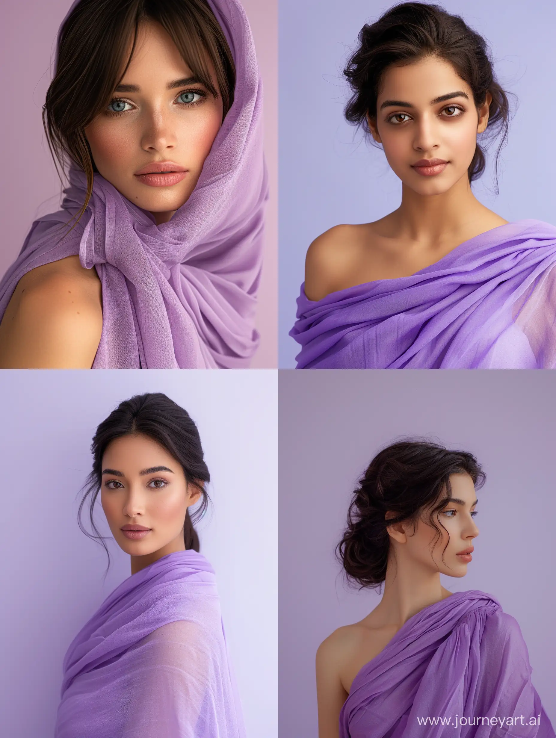 a beautiful woman who wear a purple nice clothe whose hair is not much shown, retouch, real, detail, in a monocrome simple light purple background