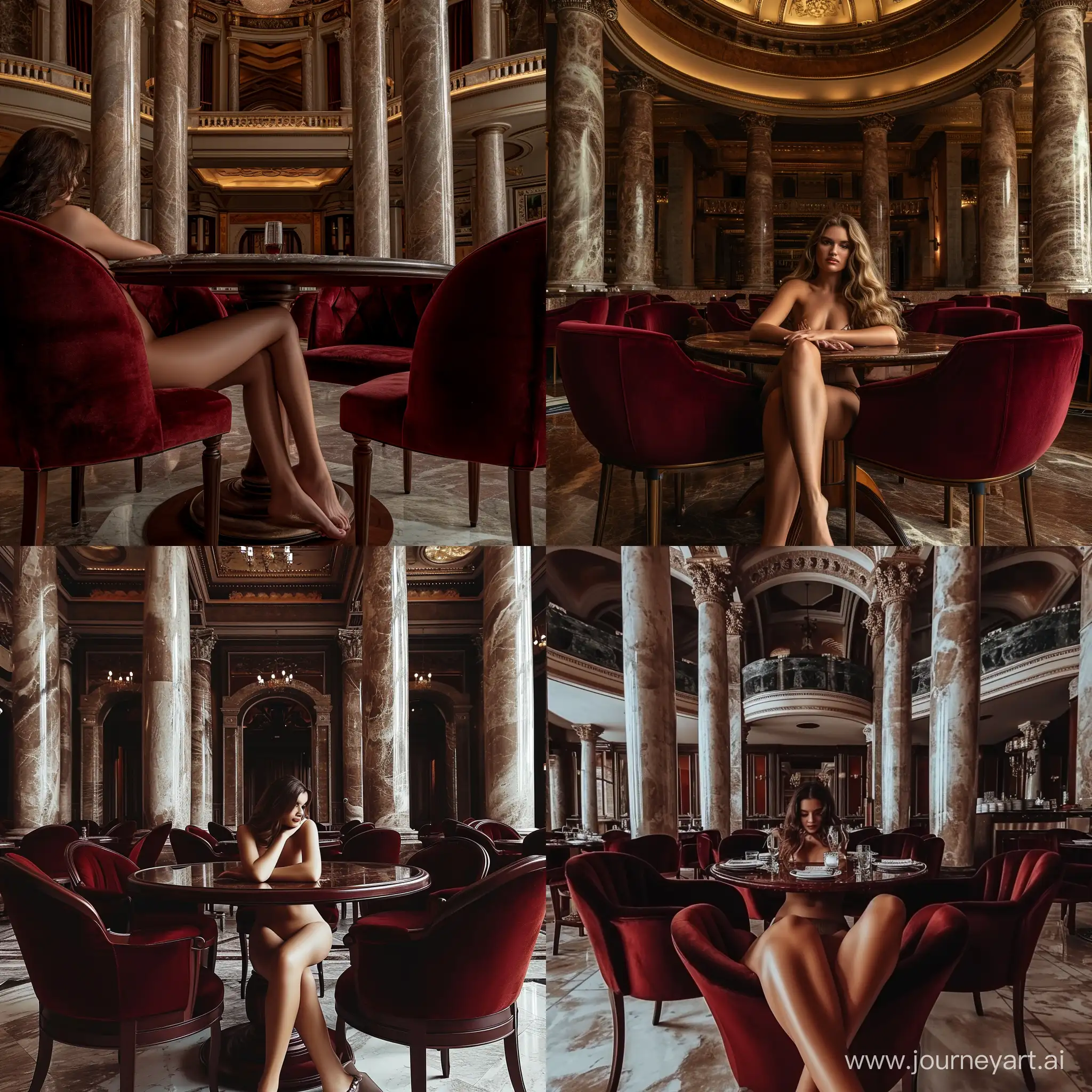 Brunette model with a hour glass physique who doesn’t exist in real life, legs folded under the table sitting in a comfy neo-classical restaurant, deep blood red velvet chairs in a circular shape surrounding a ma mahogany table, double high ceiling, big marble pillars