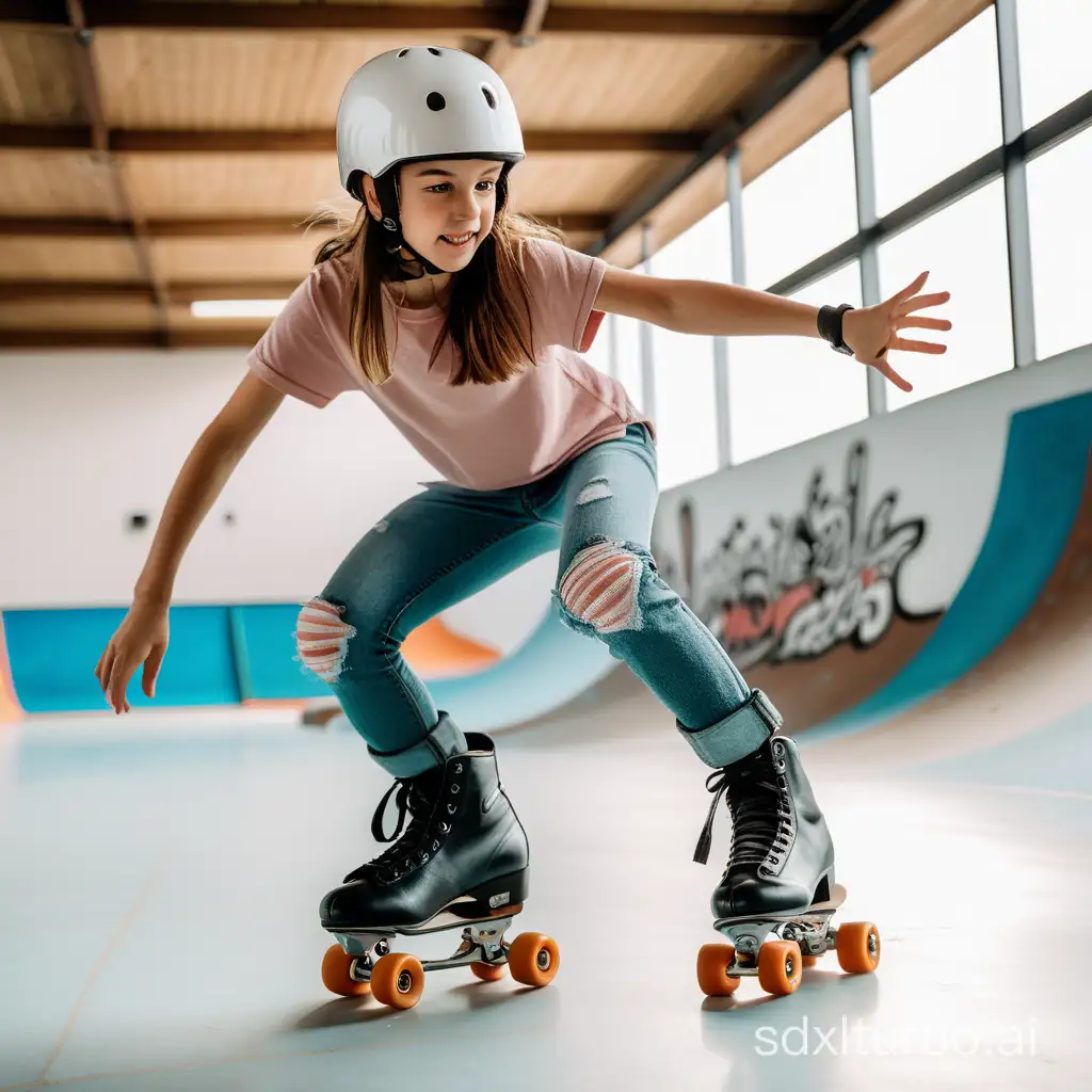 A girl practicing professional roller skating doing a more difficult trick, she is wearing a helmet in a skatepark