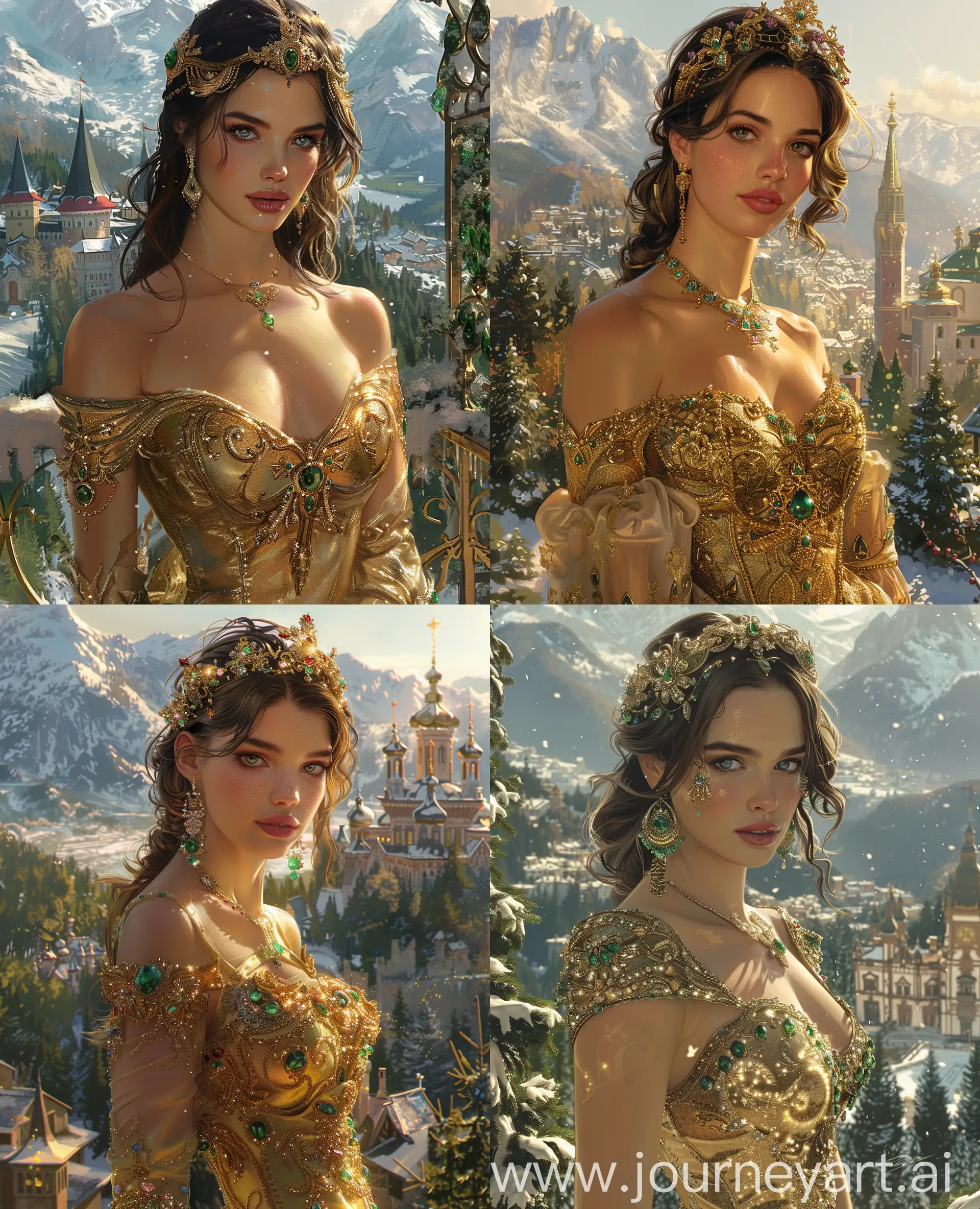 art cover front view full-length body portrait Beautiful woman in exotic gold and shiny dress with emeralds and precious stones in the sunlight glittering diadem flower jewellery, looking at snowy mountain tops and green summer forest around beautiful Town city kingdom in the background, in the style of romantic fantasy Jonathon Earl Bowser Frazetta and Alphons Mucha, detailed facial features, light golden hour, beautiful faces and film poses, enchanting kingdoms in the background, elaborated, I can not believe how beautiful this art is art --v 6.0 --ar 13:16 --s 250