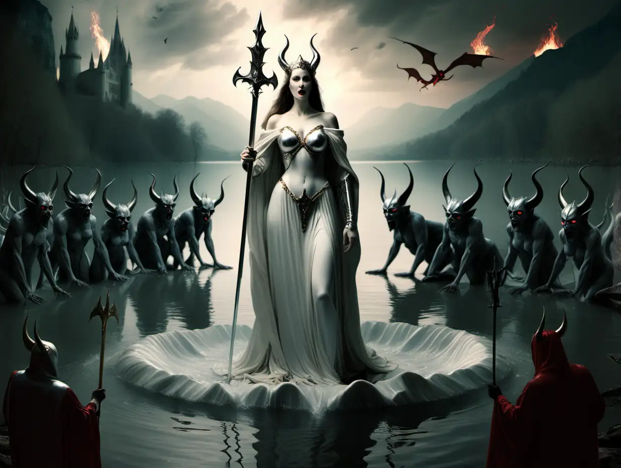 The lady of the lake holding Excalibur as Satan and demons surround her

