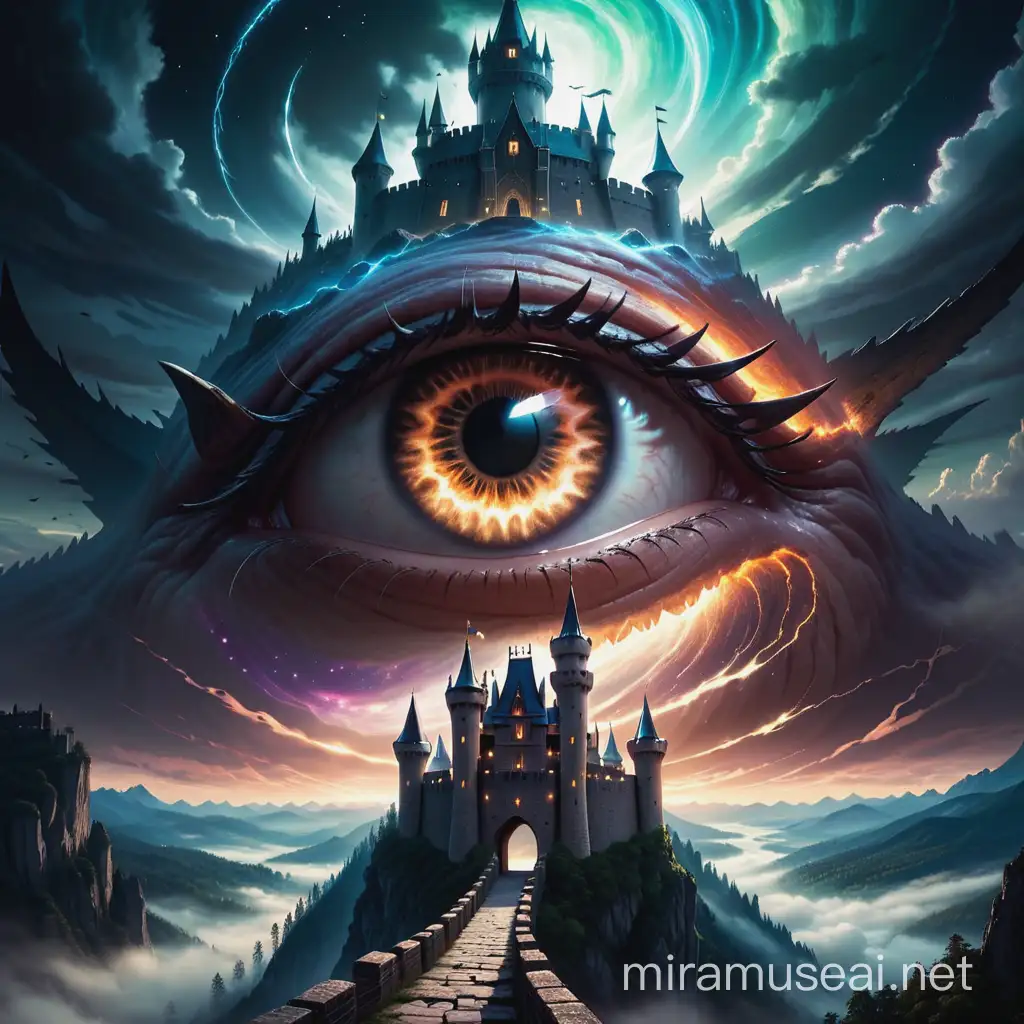 Giant celestial angry and ominous open eye in the sky, ringed by jagged sharp teeth. The eye looks down upon a castle in a fantasy landscape.