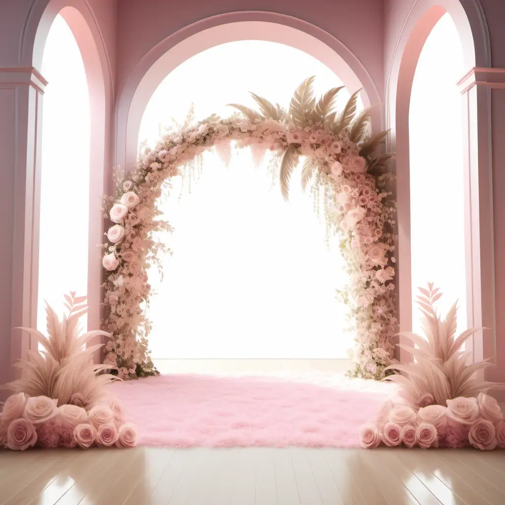 /imagine prompt: Digital dreamy heaven scene with arch cutout and lush florals | FLOORING: stage I TAGS: opulent,dreamy | COLOR PALETTE: pink and beige | LIGHTING: bright natural light | photorealistic,