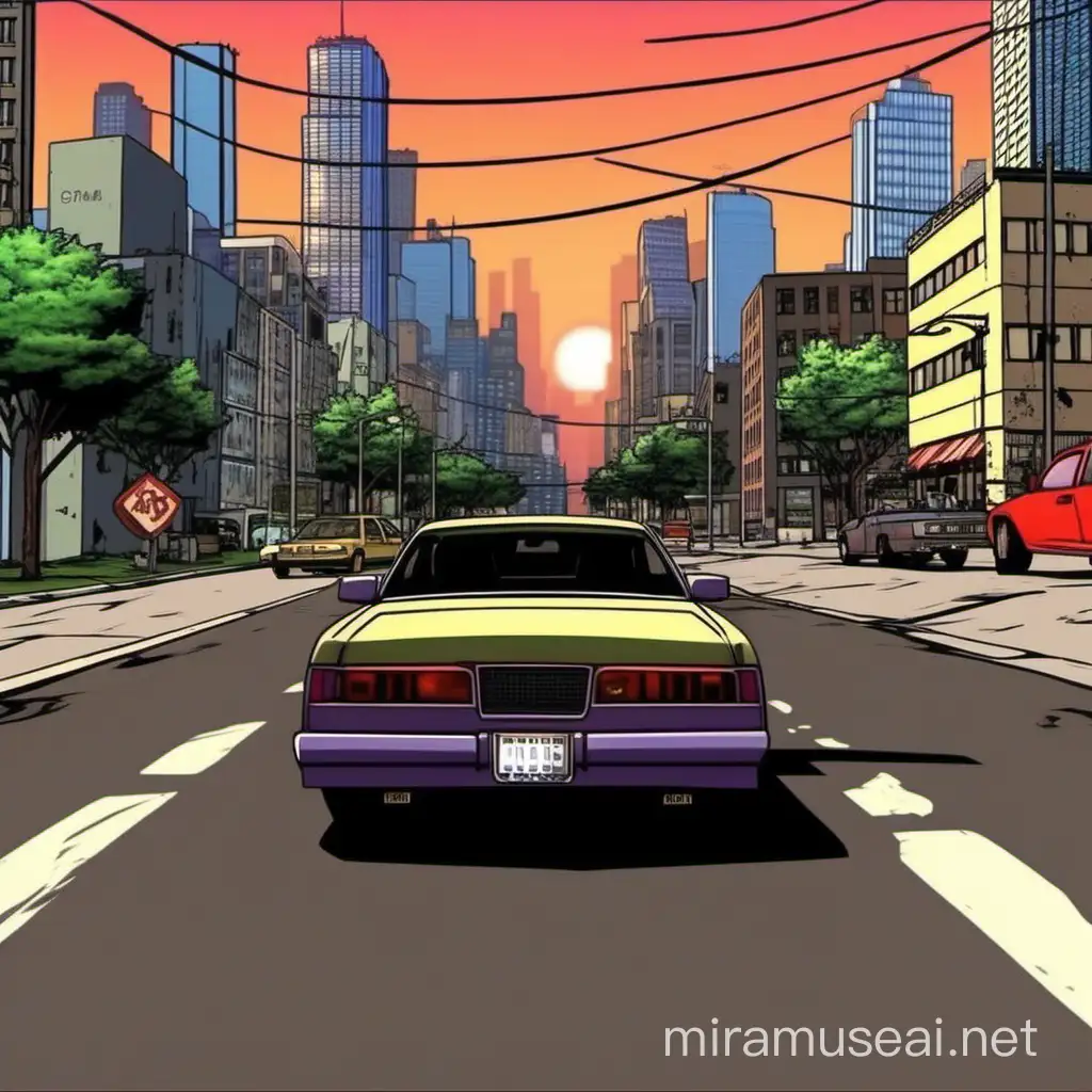 Vibrant GTA Theme Cityscape with Dynamic Car on Road