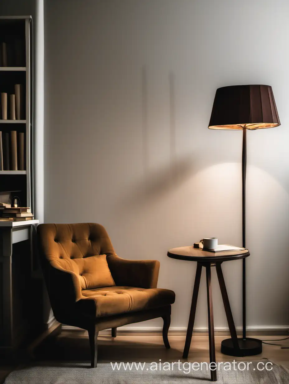 An armchair by a floor lamp in a cozy room, a table next to it, a book on the table, no people