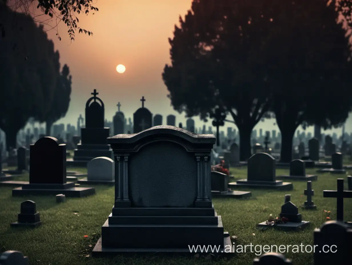 мрачное кладбище, закат,гробница крупным планом, вдали видно надгробия
