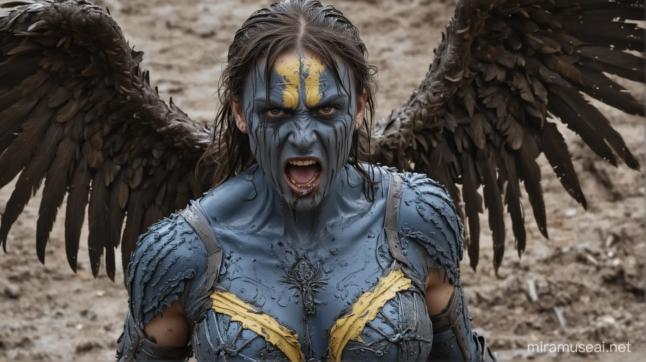 Angry Female Angel in MudCovered Armor Amid Ruined City