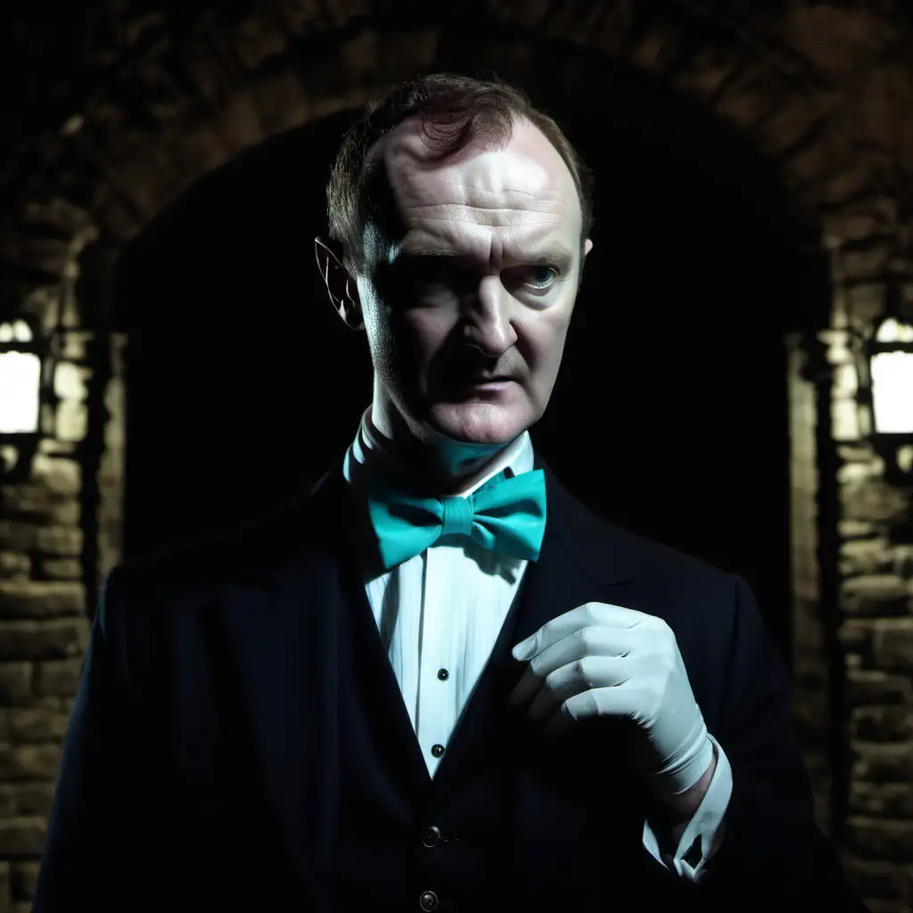 Actor Mark Gatiss as 1940's butler turquoise bow tie in dark cellar of large manor house at night