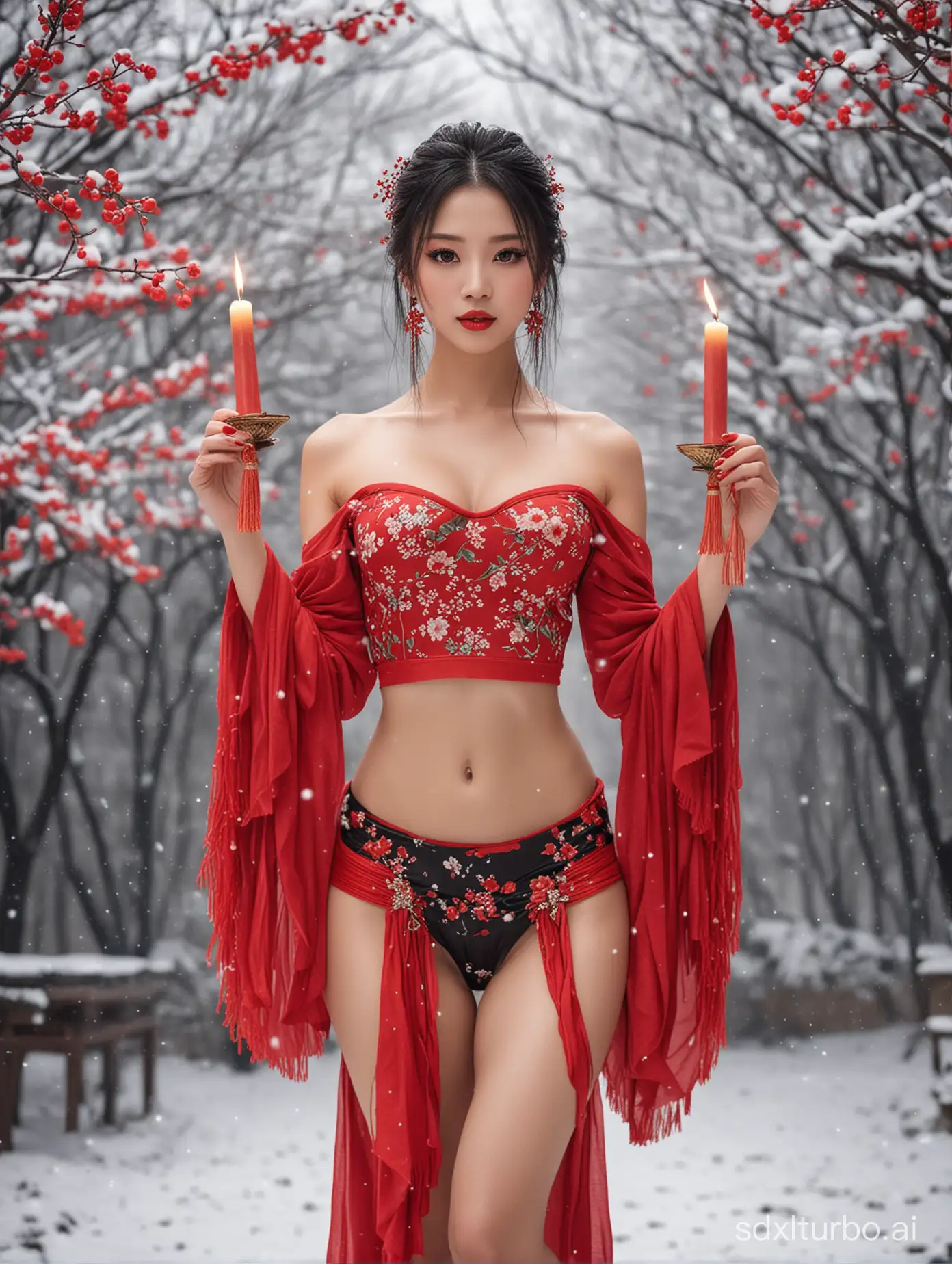 full_body,

arms behind back,hands behind back,arms behind body,hands behind body,

snow, hair ornament,solo,sexy, flower,hair flower,candle,earrings,jewelry,black hair,black eyes,red lips,looking at viewer,tassel,depth of field,makeup,(red_clothes:1.3),chinese clothes,floral print,medium breasts,off-the-shoulder,(standing:1.3),high forks, fairy thigh, long legs, bare feet