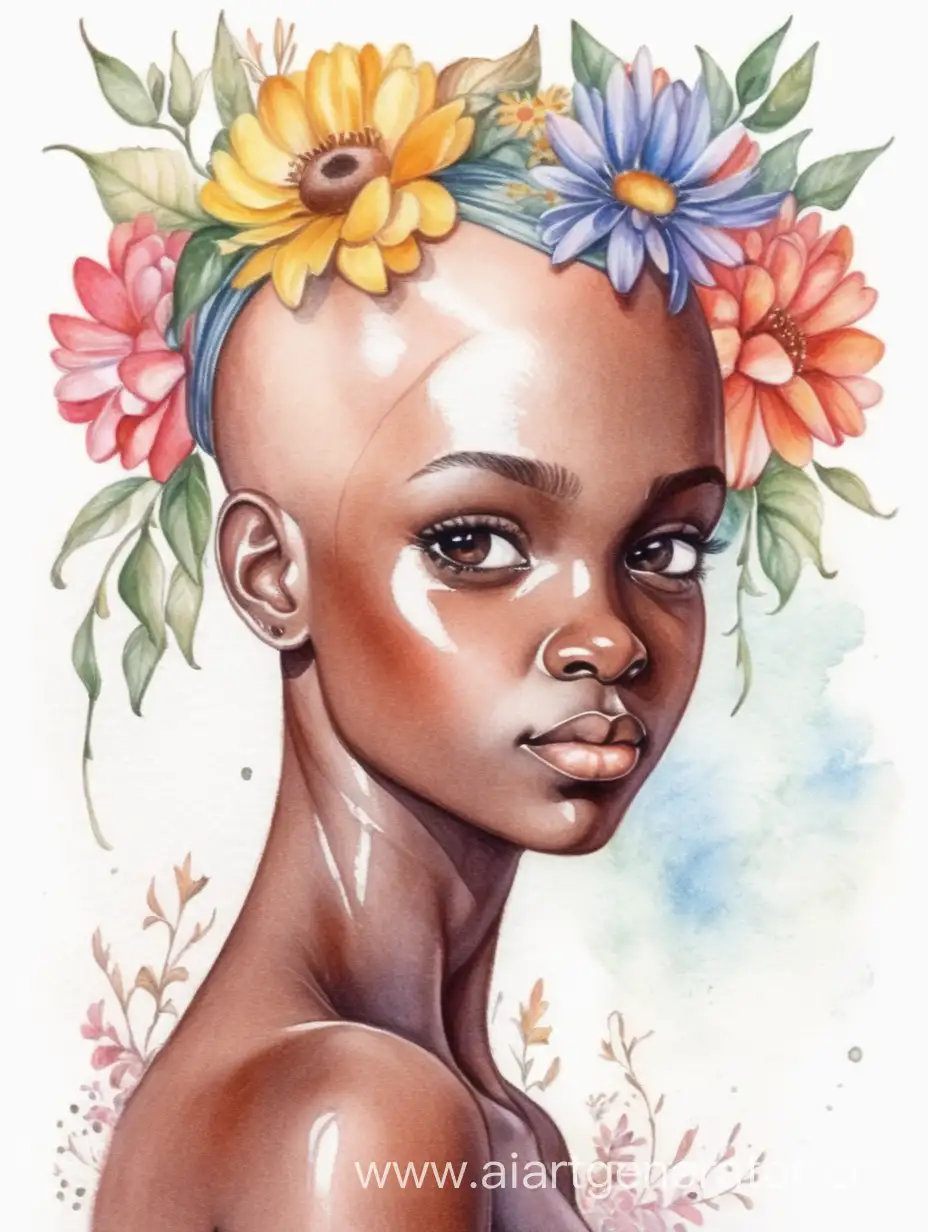 Dark-skinned beautiful bald girl with bright flowers on her head watercolor drawing 