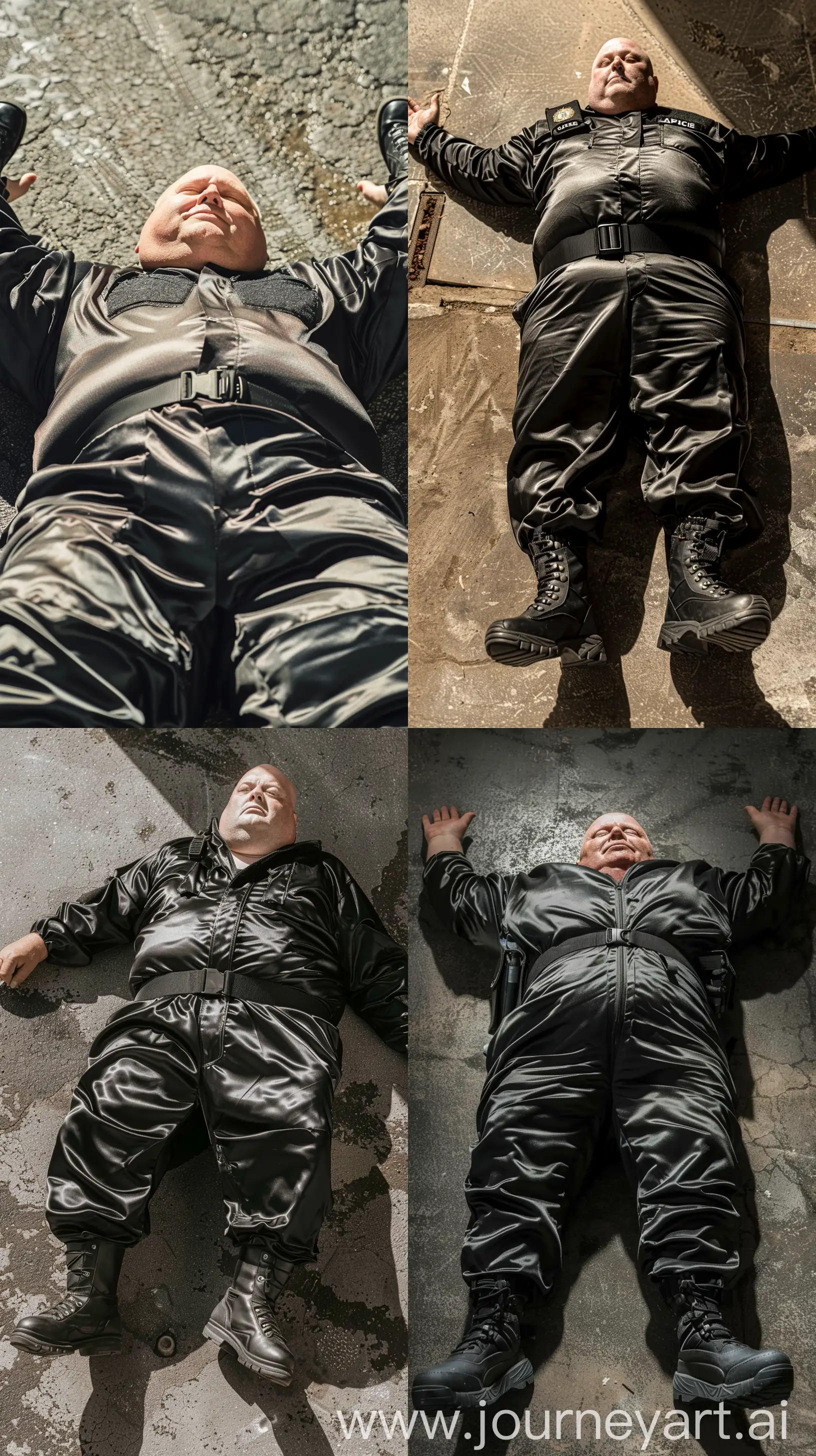High-angle close-up front view photo of a fat man aged 60 wearing a silk black security guard skinny-fitted full coverall tucked in black tactical hiking boots. Black tactical belt. Lying on his face on the ground. Arms wide opened. Bald. Clean Shaven. Natural light. --style raw --ar 9:16
