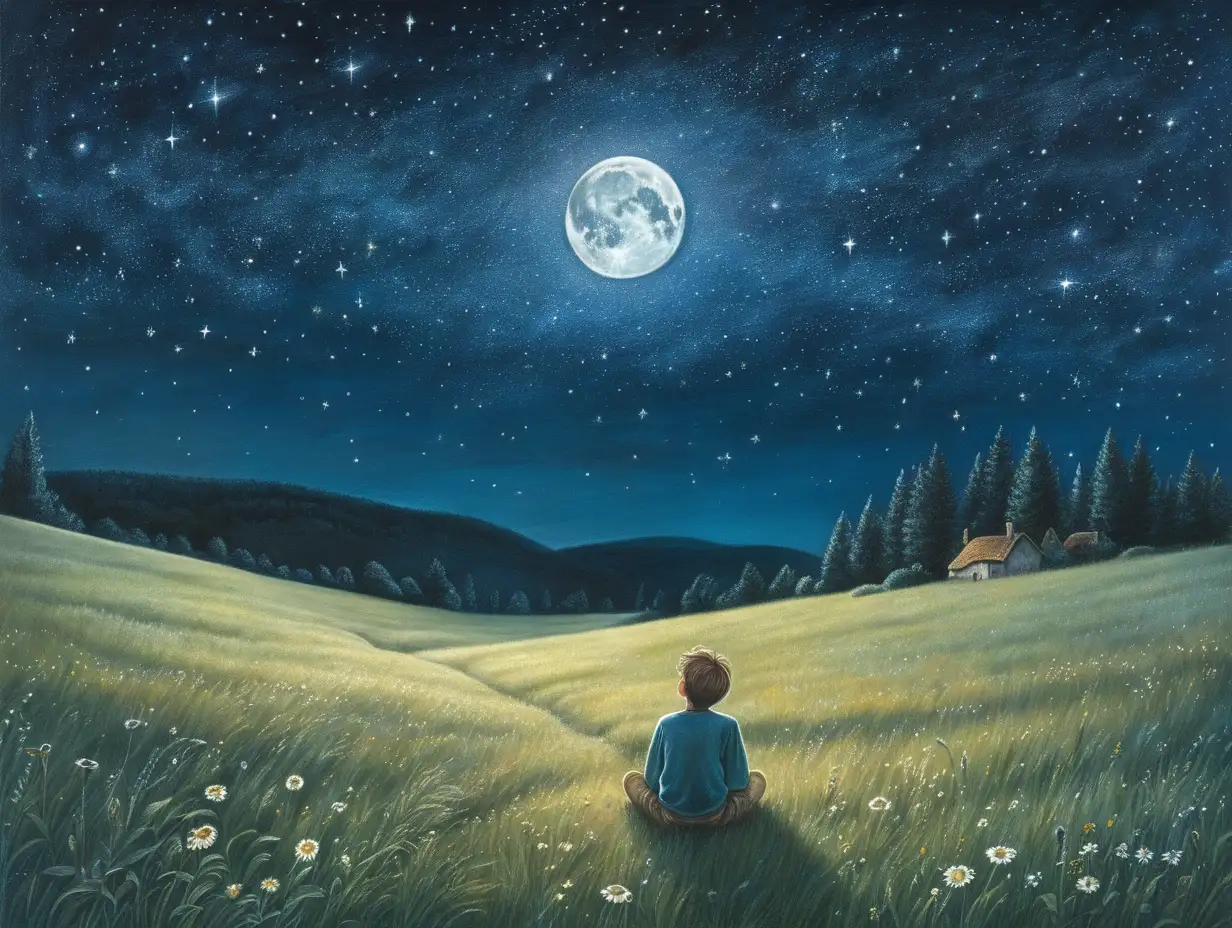 a 20 year old boy looks at the stars lying in a meadow on a starry night where the moon is present. The style of the picture should be similar to the drawing of a fairy tale that stimulates the imagination, in the style of Waldorf education