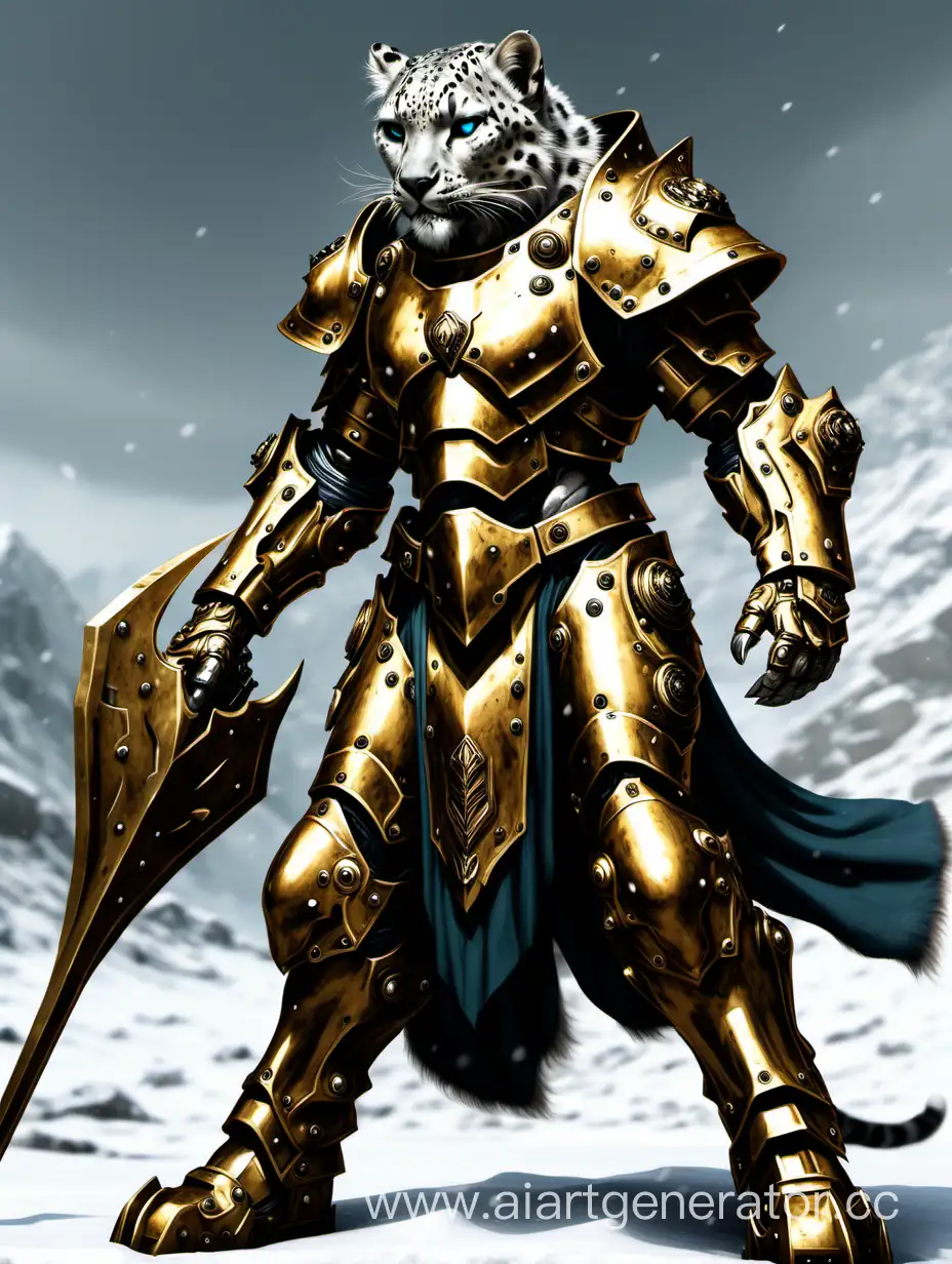 Humanoid snow leopard in a golden full plate power armor  plate boots like adeptus kustodes massive halberd