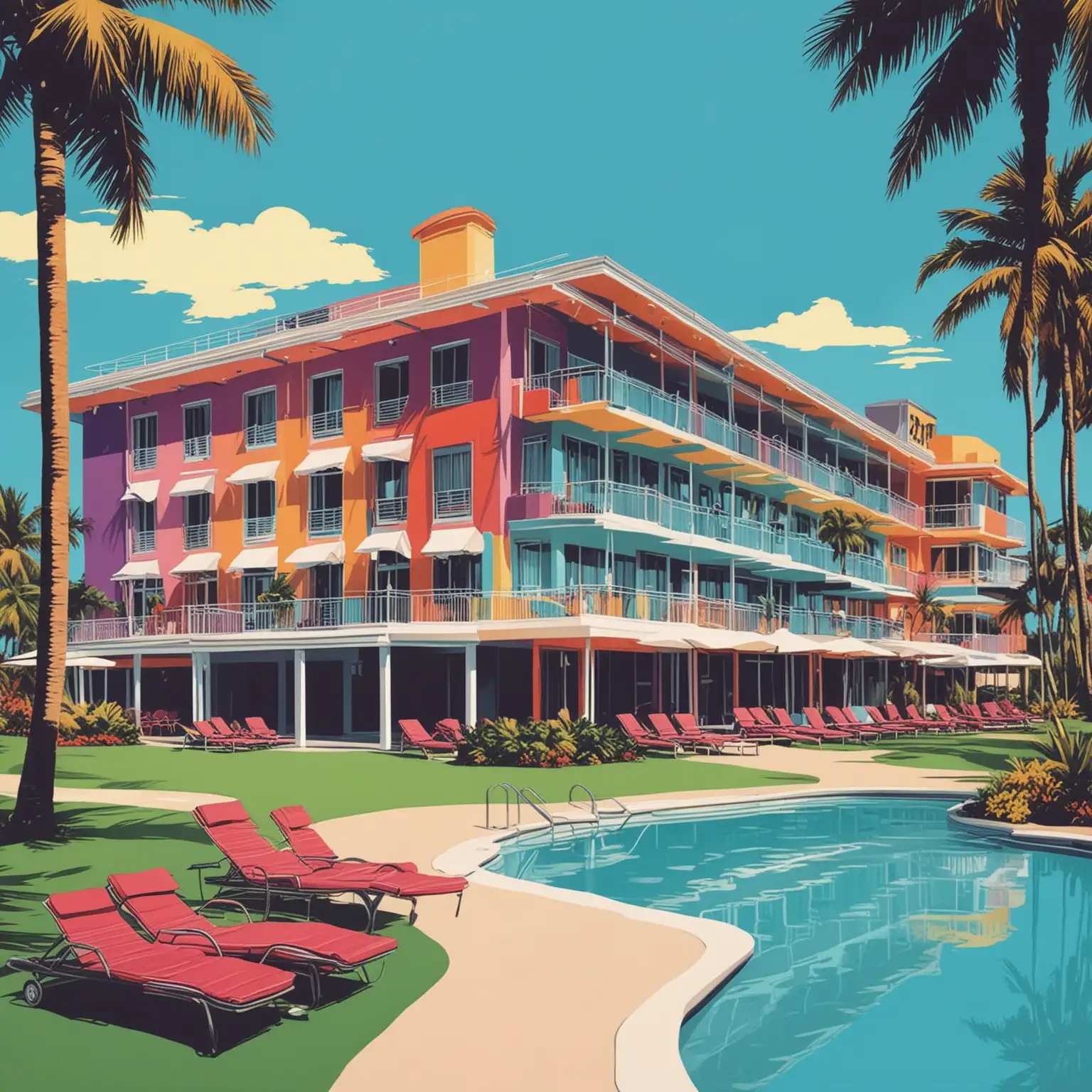pop art poster of a hotel and golf resort with colors