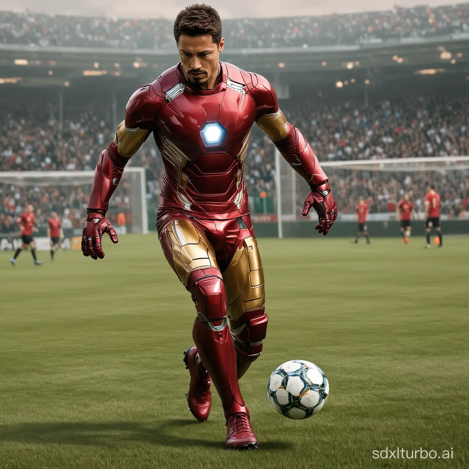 Iron Man playing soccer, feinting Cristiano Ronaldo realistic image