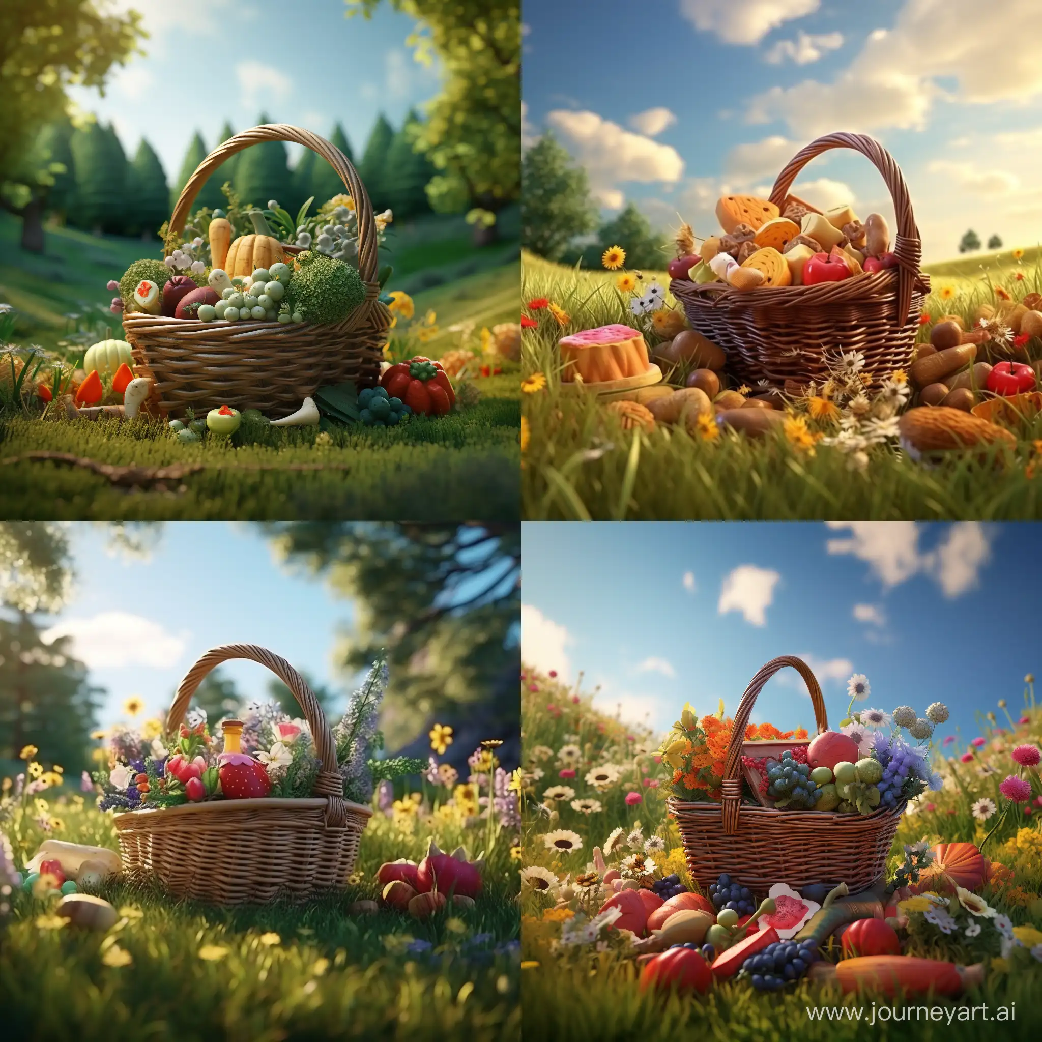 A beautiful basket of food lies on the grass in a large field. 3D animation 