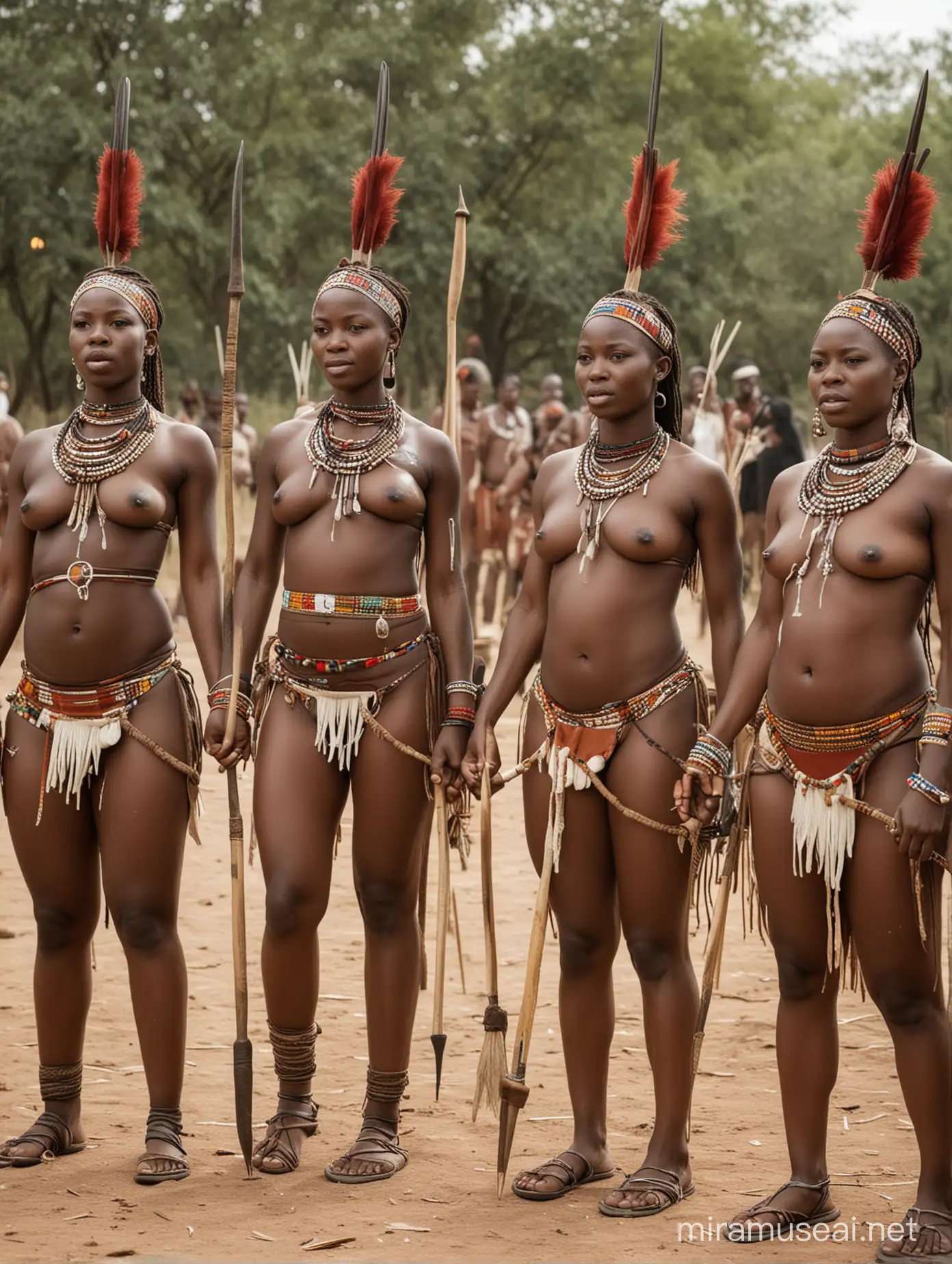 Hot African women with stuffed belly, participating in a tribe ritual, they have spears