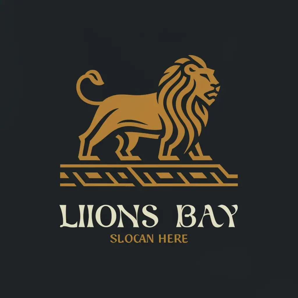 a logo design,with the text "Lions Bay", main symbol:Lions, Bridge over bay,complex,clear background