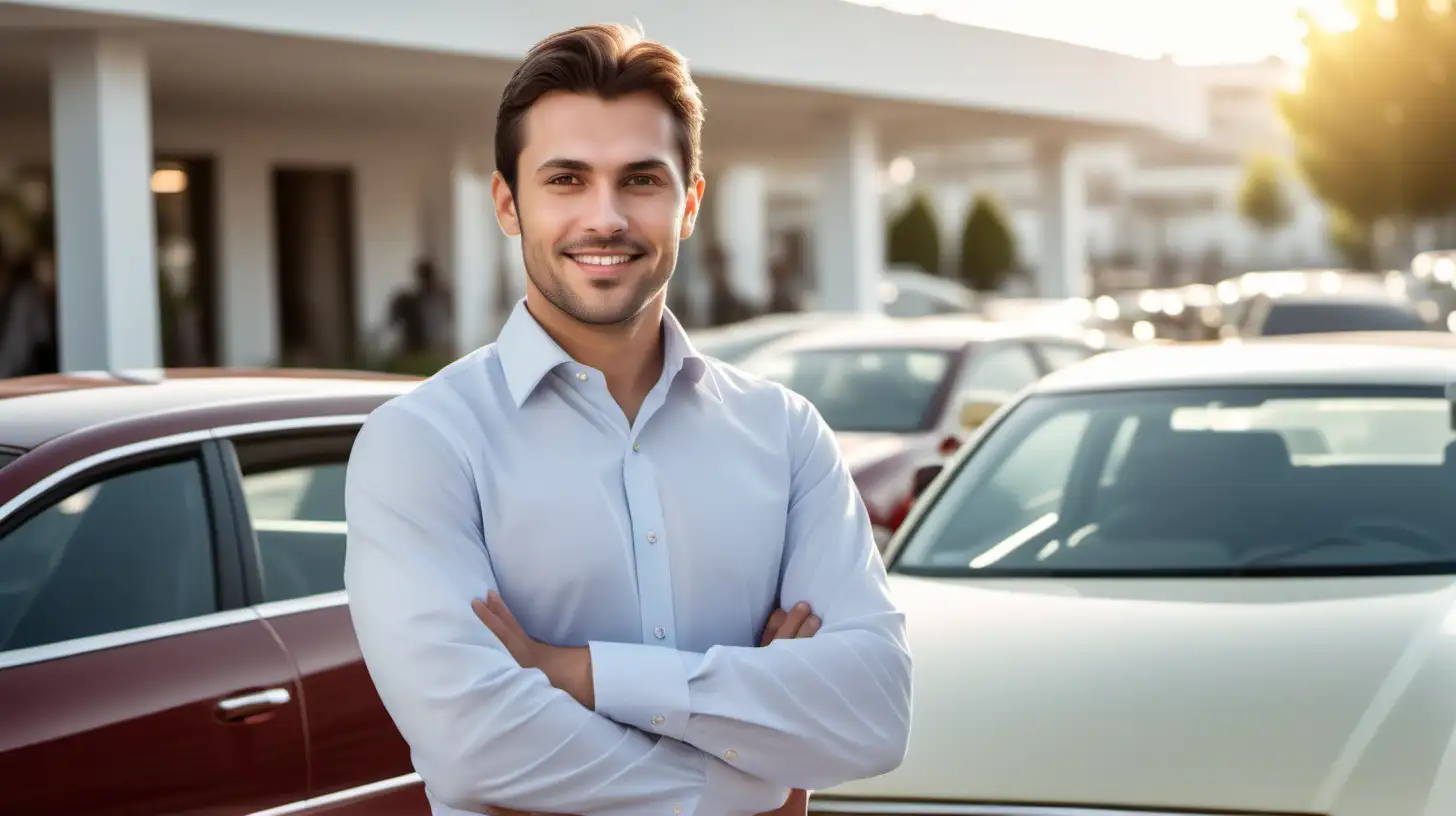 good looking friendly salesman wearing no tie, about 30 years old, nice economic car in backround, light bright atmosphere, photorealistic, high resolution