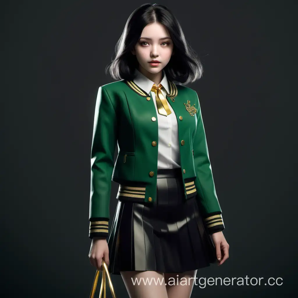 DarkHaired-Girl-in-Chic-Black-Skirt-and-Jacket-with-Green-Stripe-and-Gold-Accents