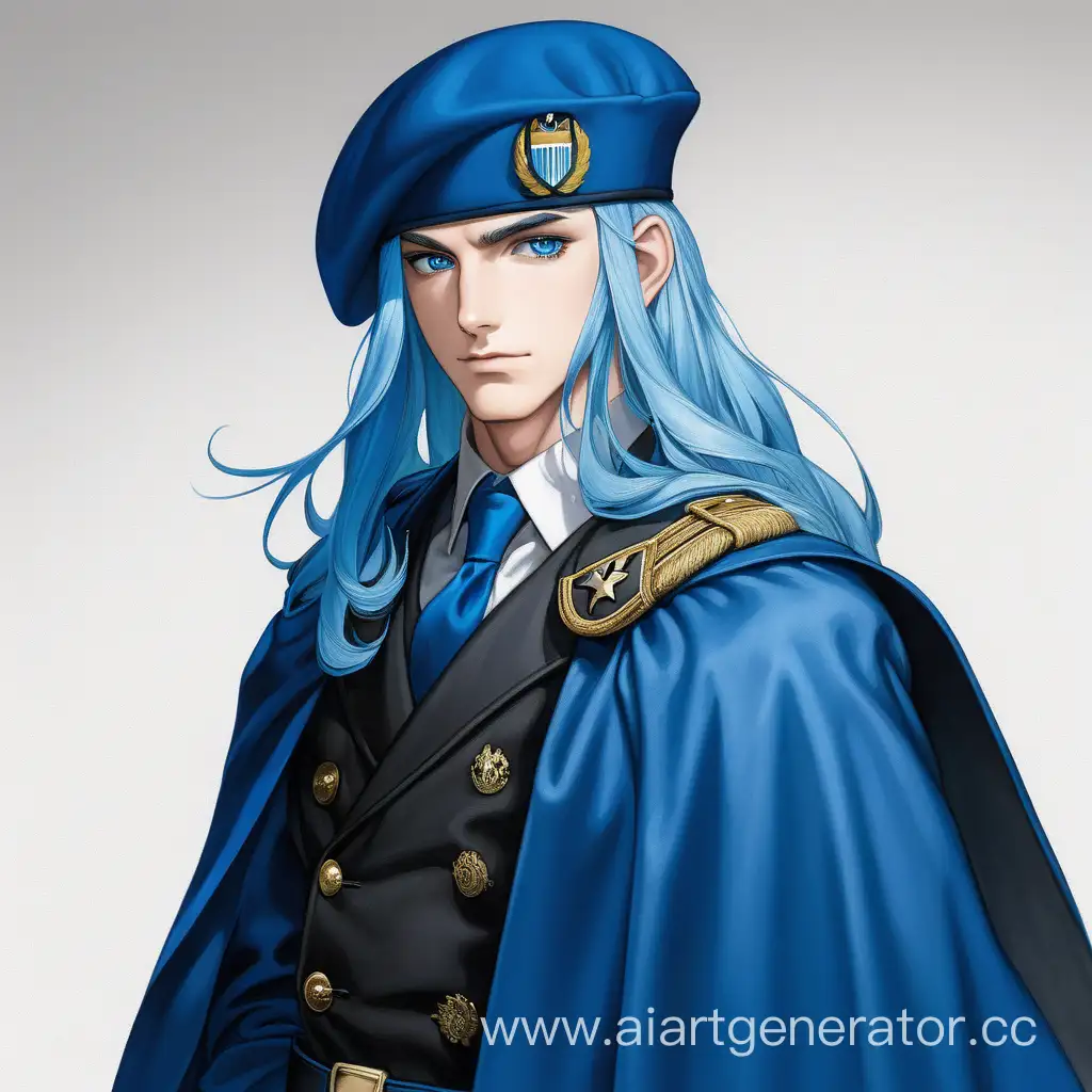 Мужчина 25 лет хорошей физический форме с длинными синими волосами до ног и голубыми глазами, в элегантно синем костюм и синим плащом на спине синим военным беретом на голове, стоит на чёрно белом фоне