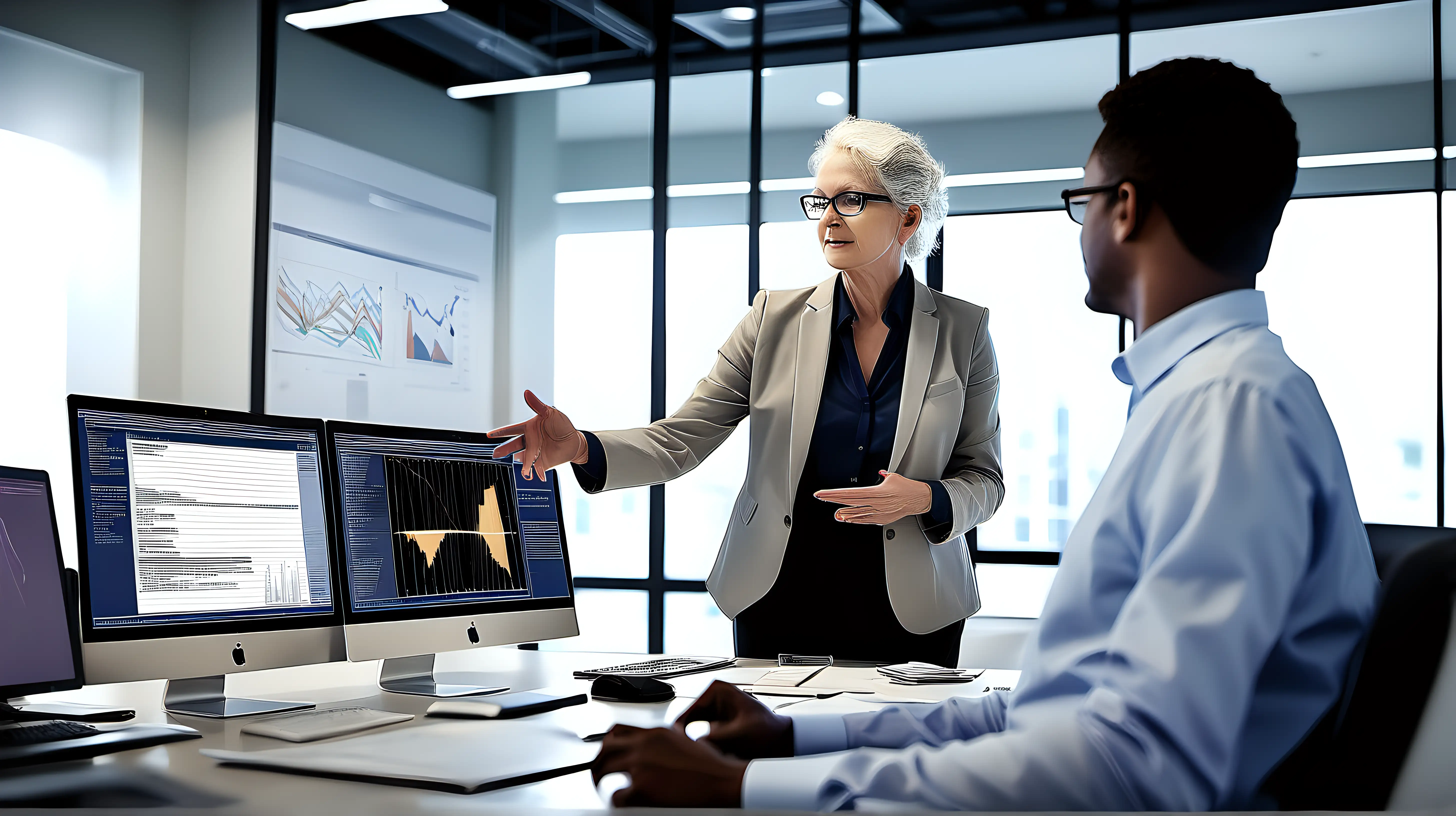 Capture the scene of a senior executive conducting a professional development session for a junior colleague in a well-lit office space. The computer screen should prominently feature data visualizations, emphasizing the exchange of expertise.