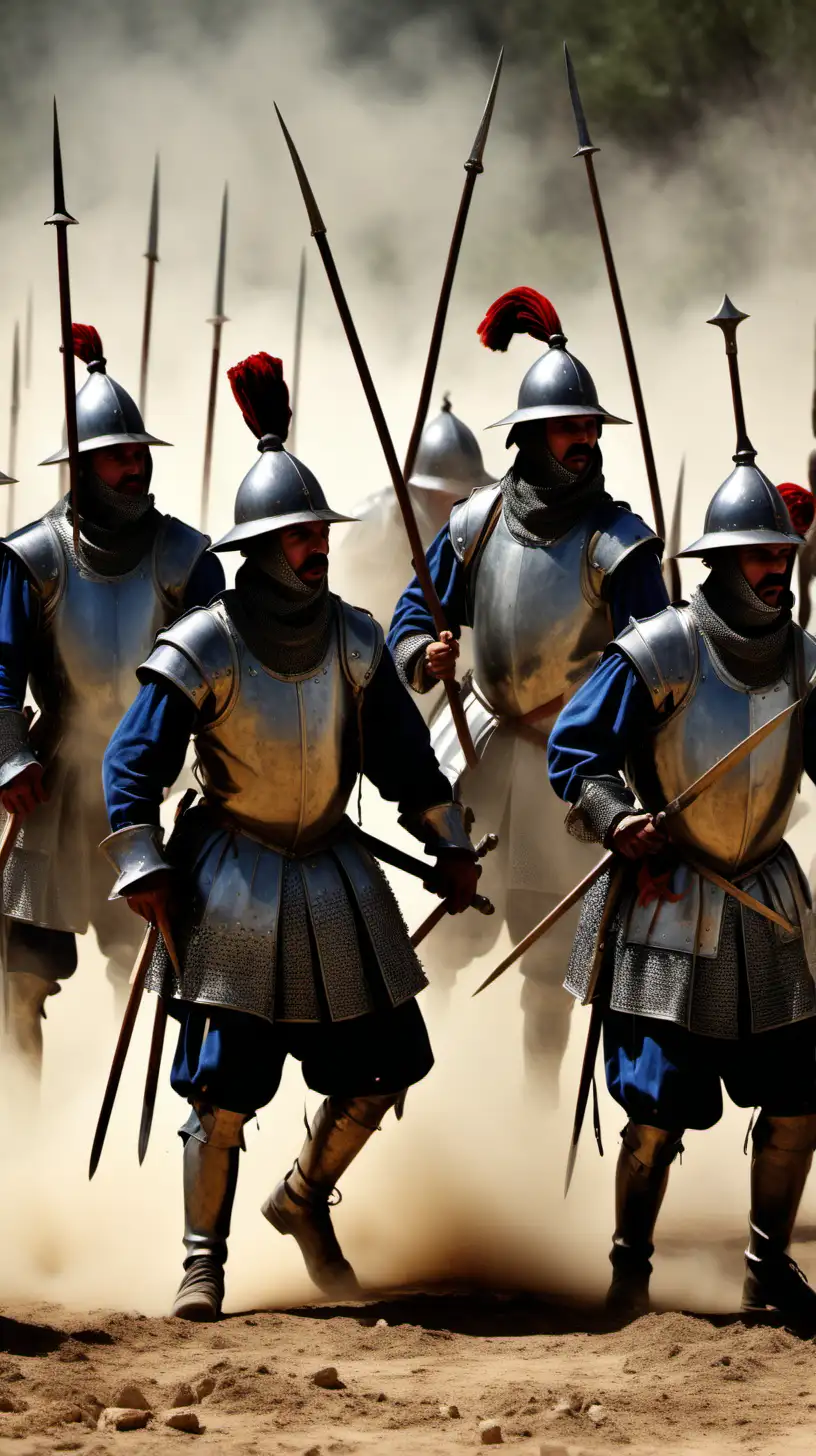 Soldados de los tercios españoles del siglo XVI  en formación de combate con las picas levantadas, polvo, un campo de batalla.