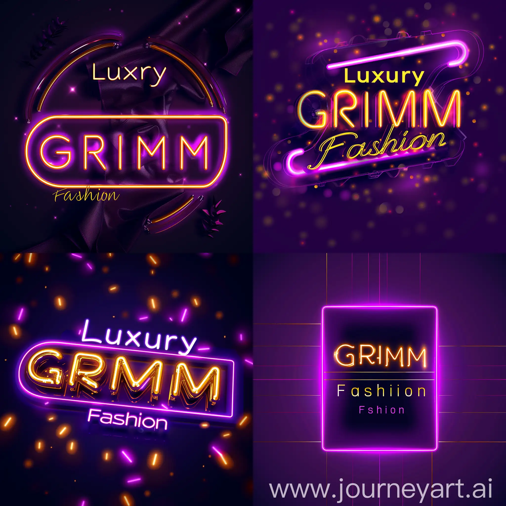 /imagine prompt: A vibrant and eye-catching Neon Logo representing the concept of „Luxury Fashion“, name GRIMM, with sleek and elegant typography, a combination of vibrant colors such as deep purple and gold, glowing neon lights outlining the logo, set against a dark background, creating a sense of sophistication and opulence. Photography, high-resolution close-up shot with a 50mm lens to capture the intricate details of the neon lights and the texture of the logo, –q 1 –ar 16:9 –v 5