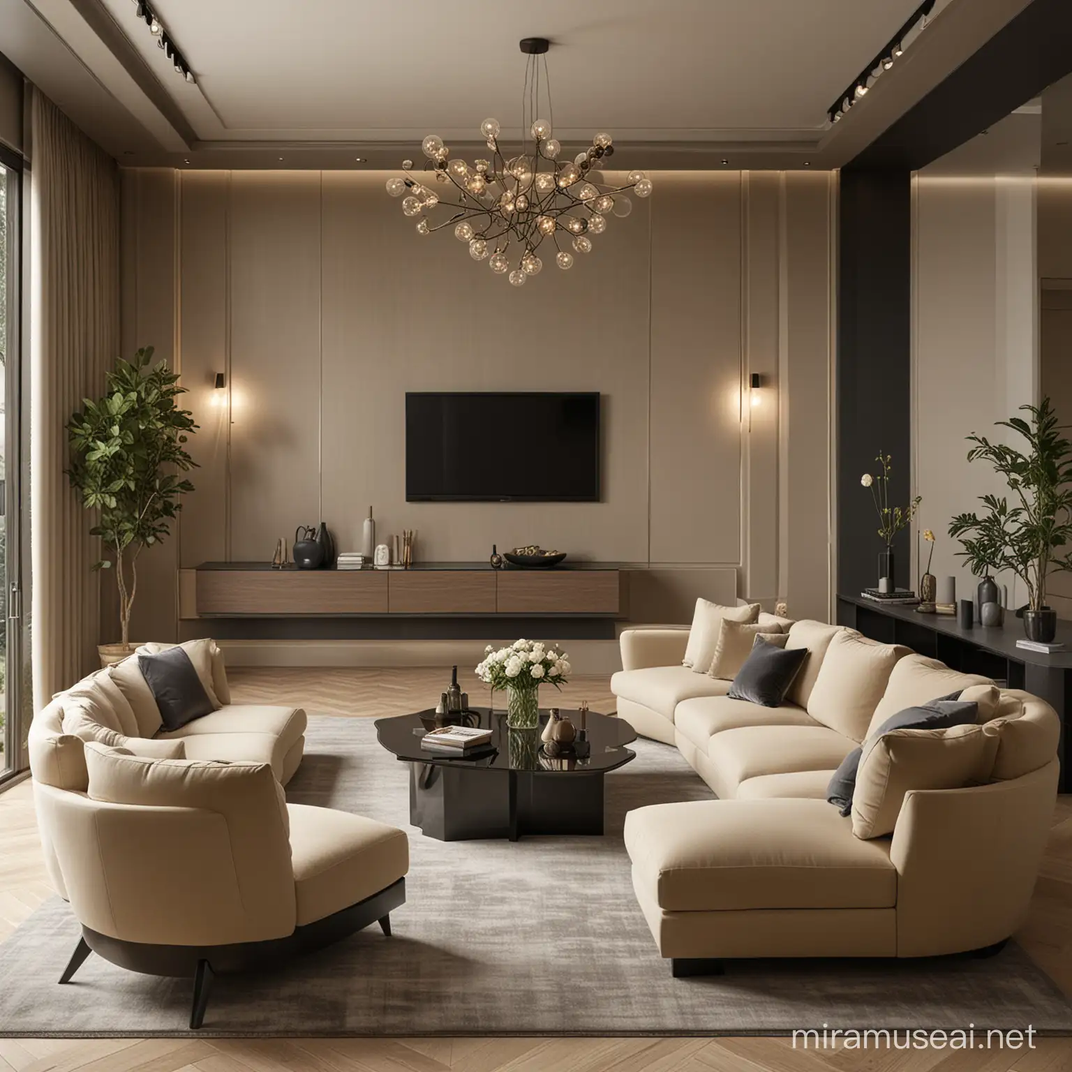 Futuristic Living Room Design 2095 Khaki Anthracite and Champagne Colors with Best Dining and Sofa Set