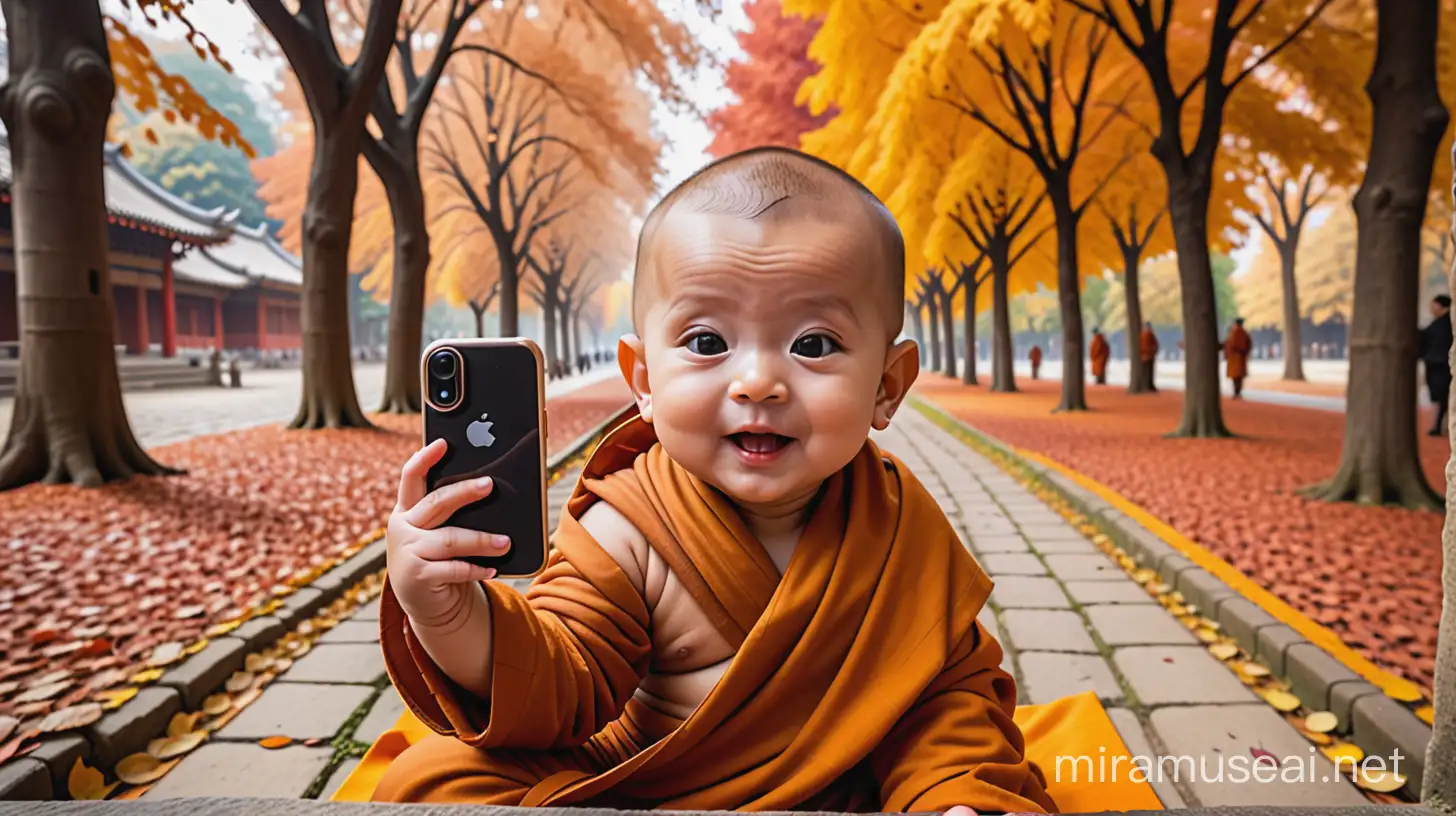 a baby monk taking selfie in an autumn environment
