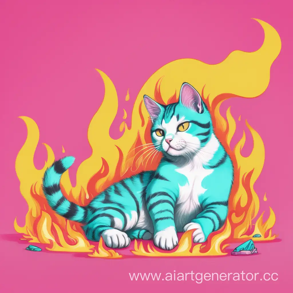 Огнедышащий кот лежит на передних лапах, подражая обложке из последнего альбома twenty one pilots, кот лежит, фон розовый, кот бирюзового цвета, пламя желтое